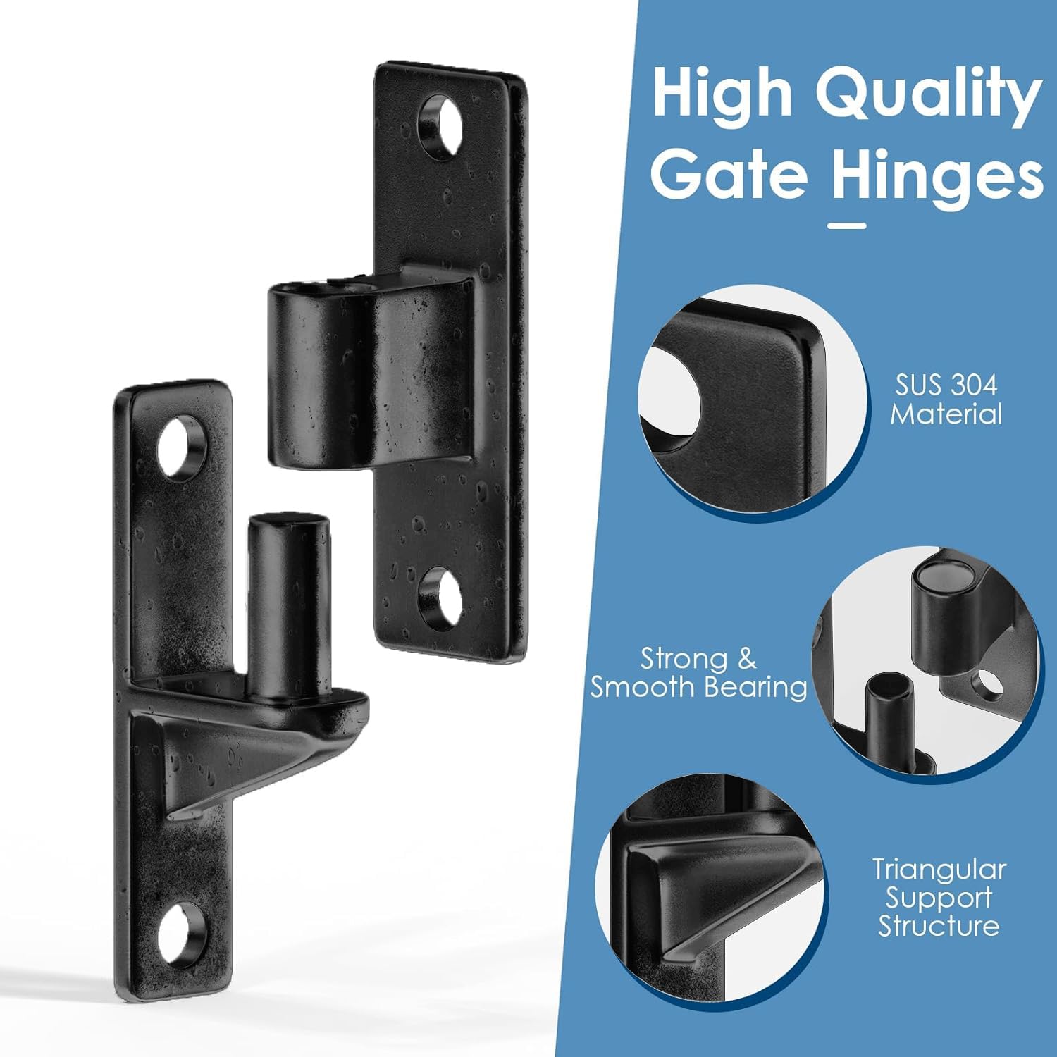 2 Pares Bisagras de puerta de acero inoxidable 304, Bisagra de puerta de montaje en pared, para puertas de granja, vallas de madera, Capacidad 270kg (Negro)
