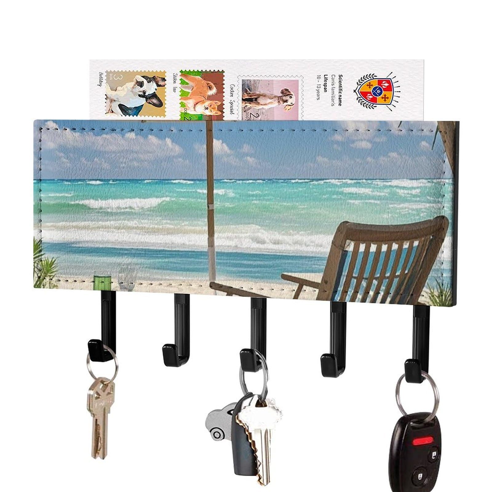 FekiLoot Ocean Beach Theme Key Holder Wall Mount Key Hanger with 5 Hooks Decorative Key Rack Hanging Key Hooks with Mail Organizer Key Holder for Wall Living Room Kitchen Bathroom Hallway Black