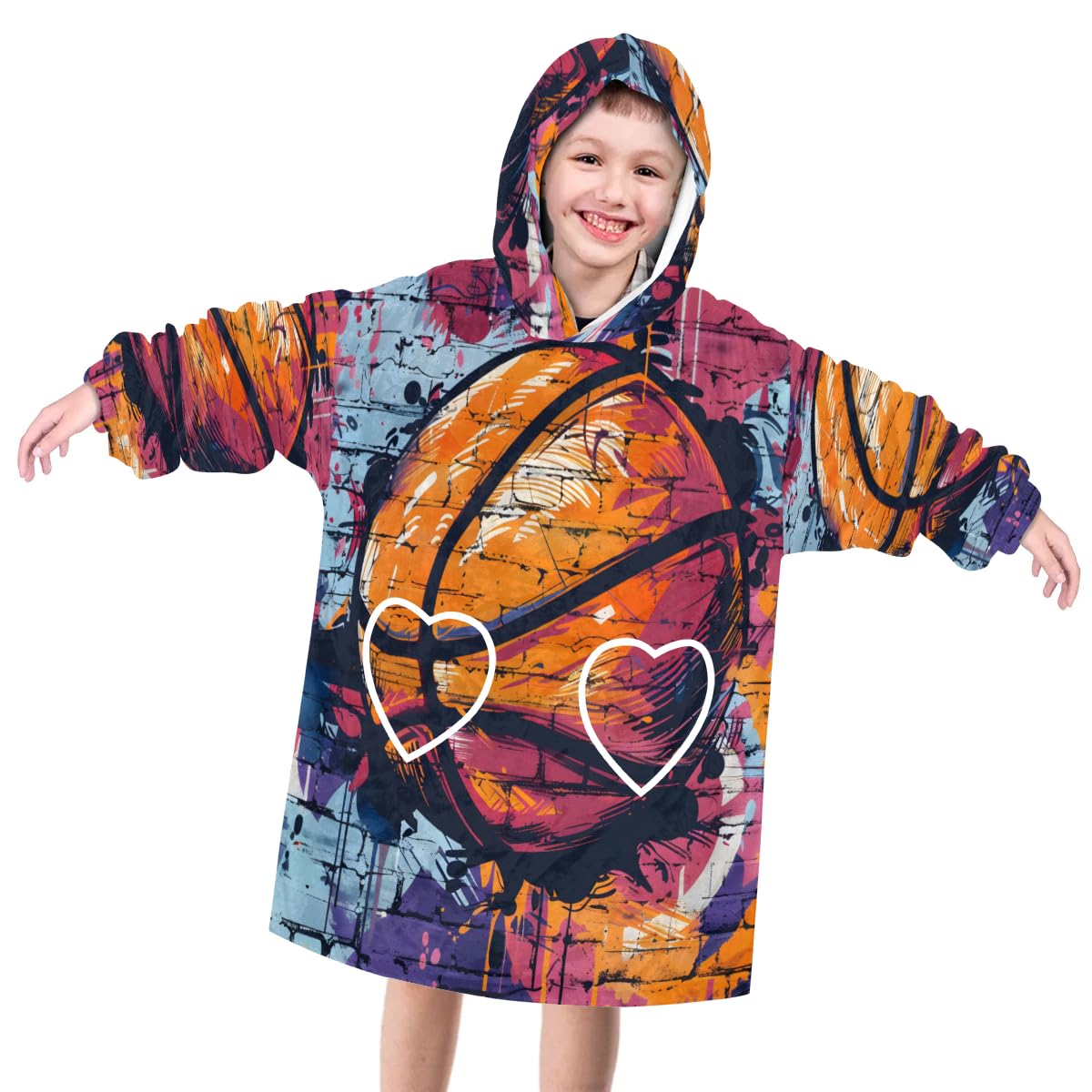 Pardick Wearable Blanket Hoodie for Kids, Watercolor Basketball Fleece Sweatshirt Blanket Oversized Blanket Sweatshirt with Pocket Flannel Warm Hooded Blanket 6-10 Year Old Girl Boy Gift, One Size