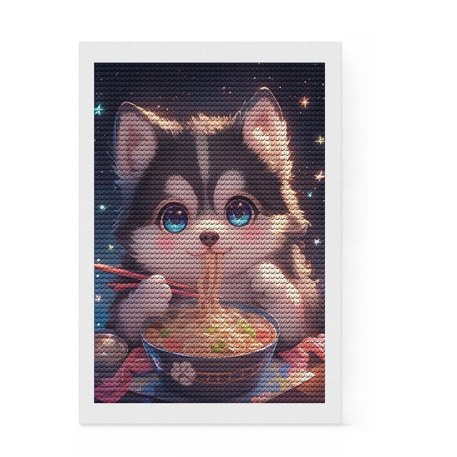Junmoney Husky Eating Spaghetti Diamond Painting Kit 8"x12", Home Wall Decor, for Women, Creative Leisure Activity, Festive Craft Gift
