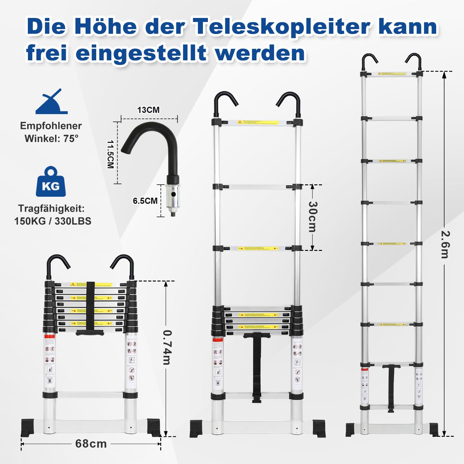 Drabina teleskopowa 2,6 m, aluminiowa drabina wielofunkcyjna z 2 zdejmowanymi hakami, drabina teleskopowa, nośność 150 kg, antypoślizgowa, srebrna