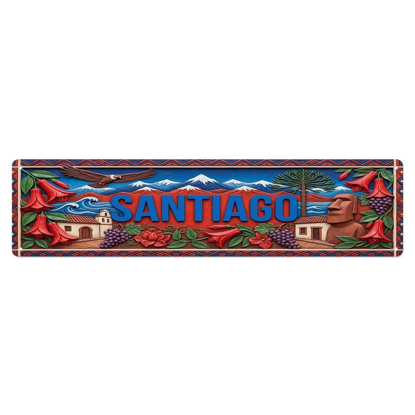 Cwbufd Vintage Style Vintage Santiago Chile Flag Pattern Vintage Metal Tin Sign Plaque Wall Decor For Cafe, Club Bar, Office, Garden Metal Poster 4X16inch