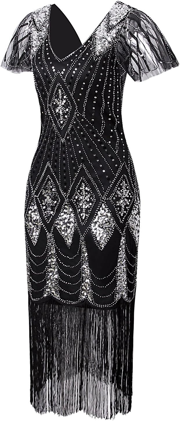 Vijiv Women's 1920s Gatsby Inspired Sequin Beads Long Fringe Flapper Dress with Sleeves - Image 2