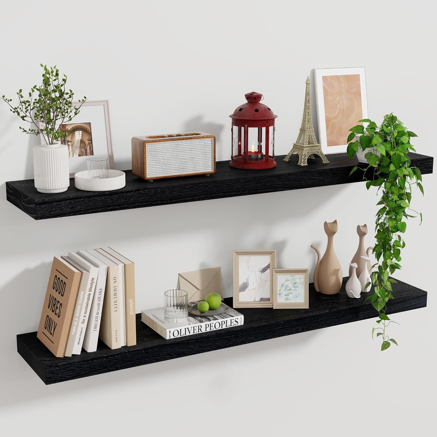 Étagères murales en bois rustique noir de 91,4 cm, étagère de rangement pour cheminée et salon