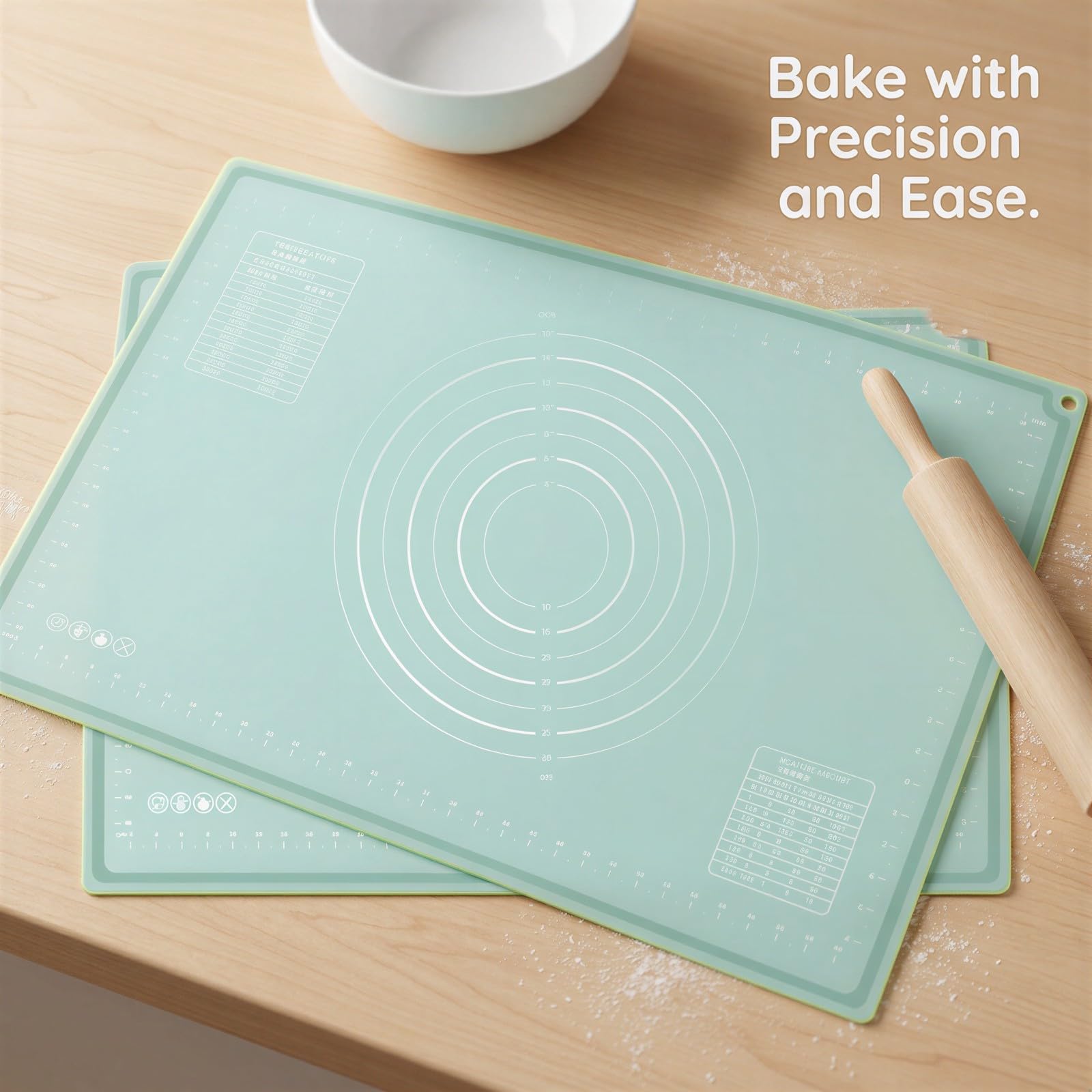 Silikon-Backmatte, große Teigmatte zum Ausrollen von Teig, für Lebensmittelkontakt geeignetes Silikon, mit Maßangaben und Umrechnungstabellen, für Kneten von Pizza, Torte und Fondant