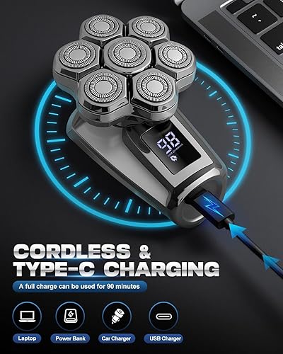 Miniatura 5 de Afeitadoras de cabeza para hombres, afeitadora eléctrica desmontable magnética 7D, IPX7, impermeable, húmedo, seco, calvo, pantalla digital,