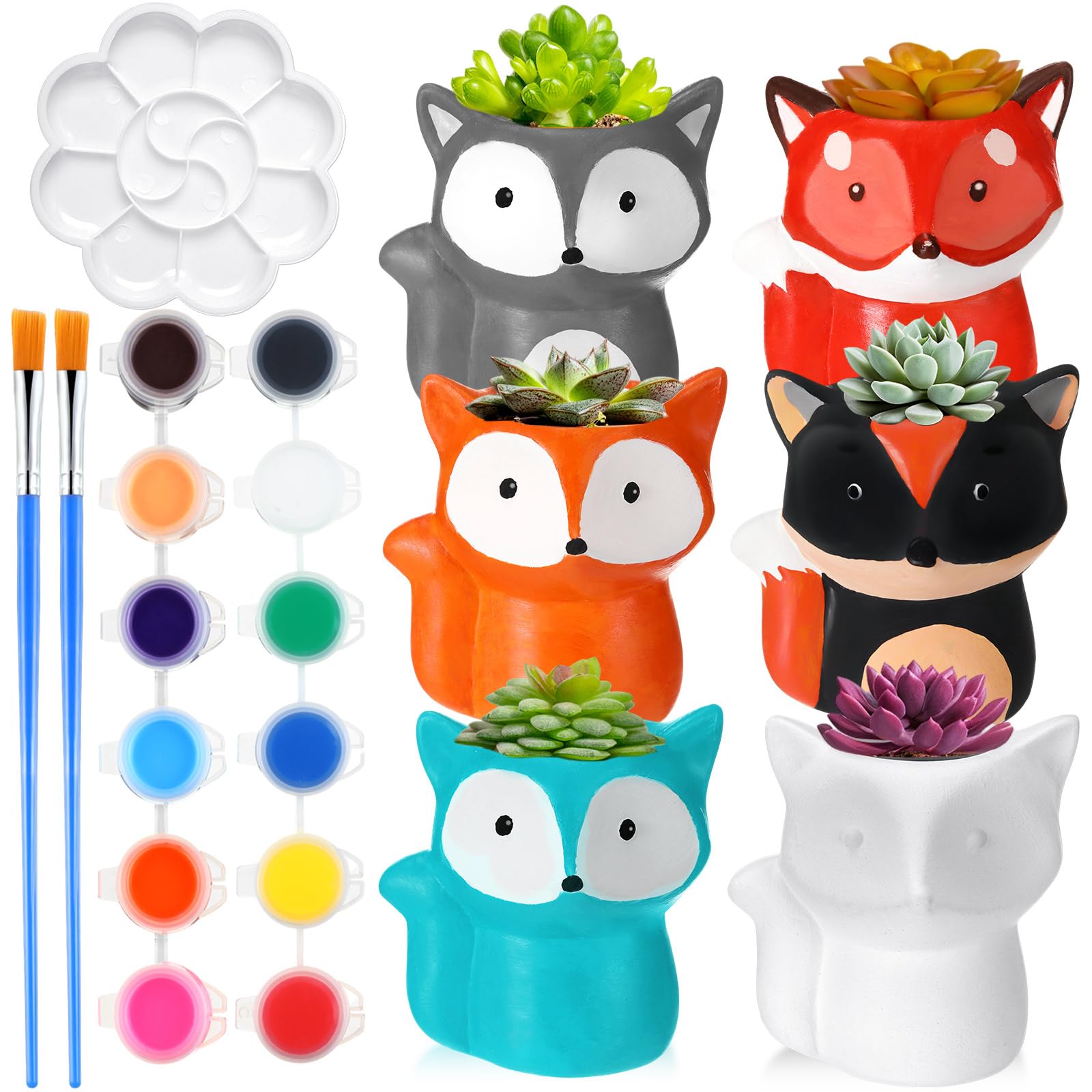 Pasimy 6er-Set Keramik-Sukkulenten-Übertöpfe zum Selbermalen, Bastelset, unlackierter Biskuitblumentopf mit Pinselpalette, fertig zum Bemalen für Familienaktivitäten, Geschenk (Fuchs)