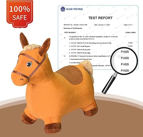 Vista 5 de HotMax Caballo saltador marrón, caballo inflable extraíble de felpa para niños pequeños, paseo al aire libre en animales de granja hinchables