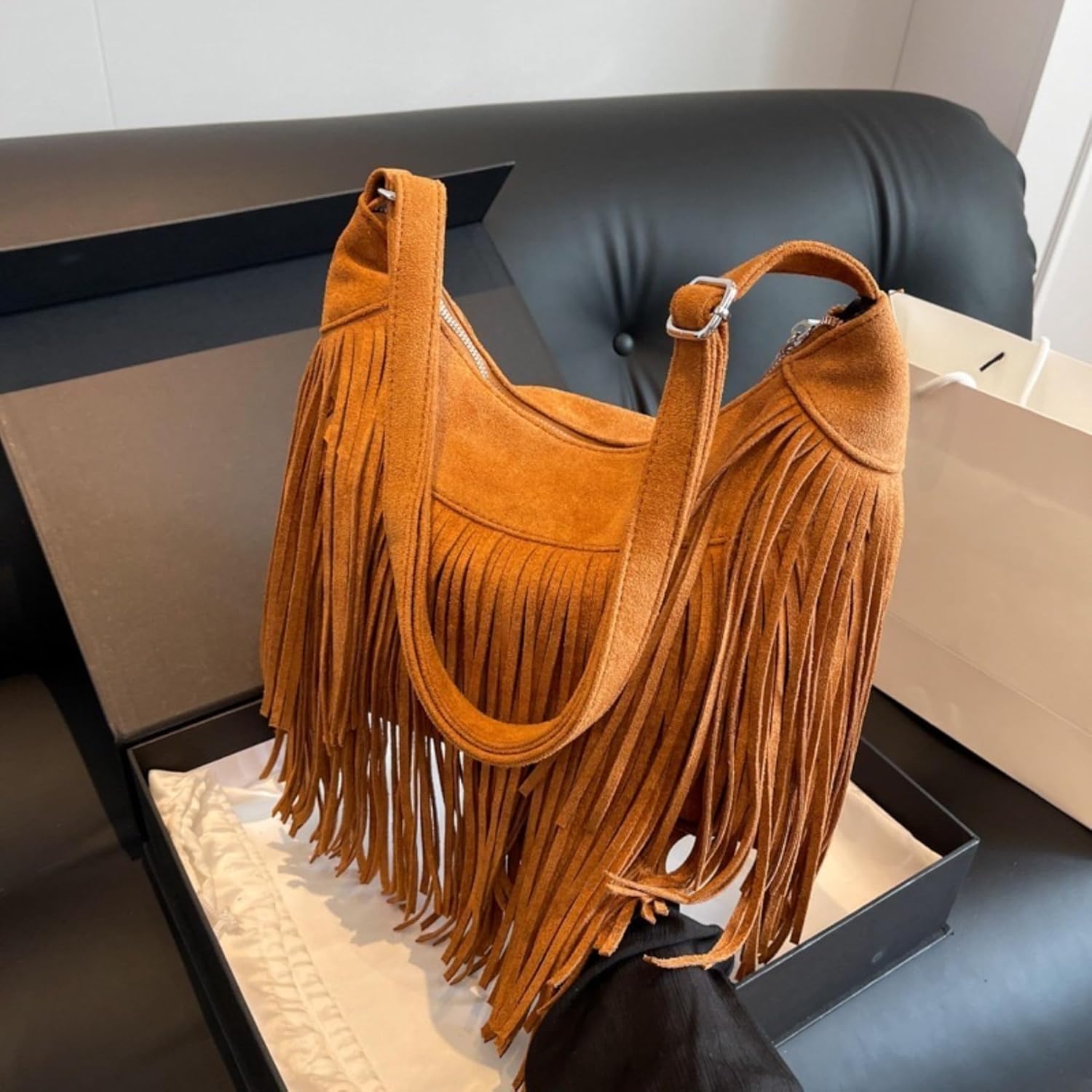 Women Vintage Suede Fringe Hobo Bag Tote Shoulder Bag Crossbody Bag and Hippie Western Cowgirl Purse Shoulder Bag - Image 7