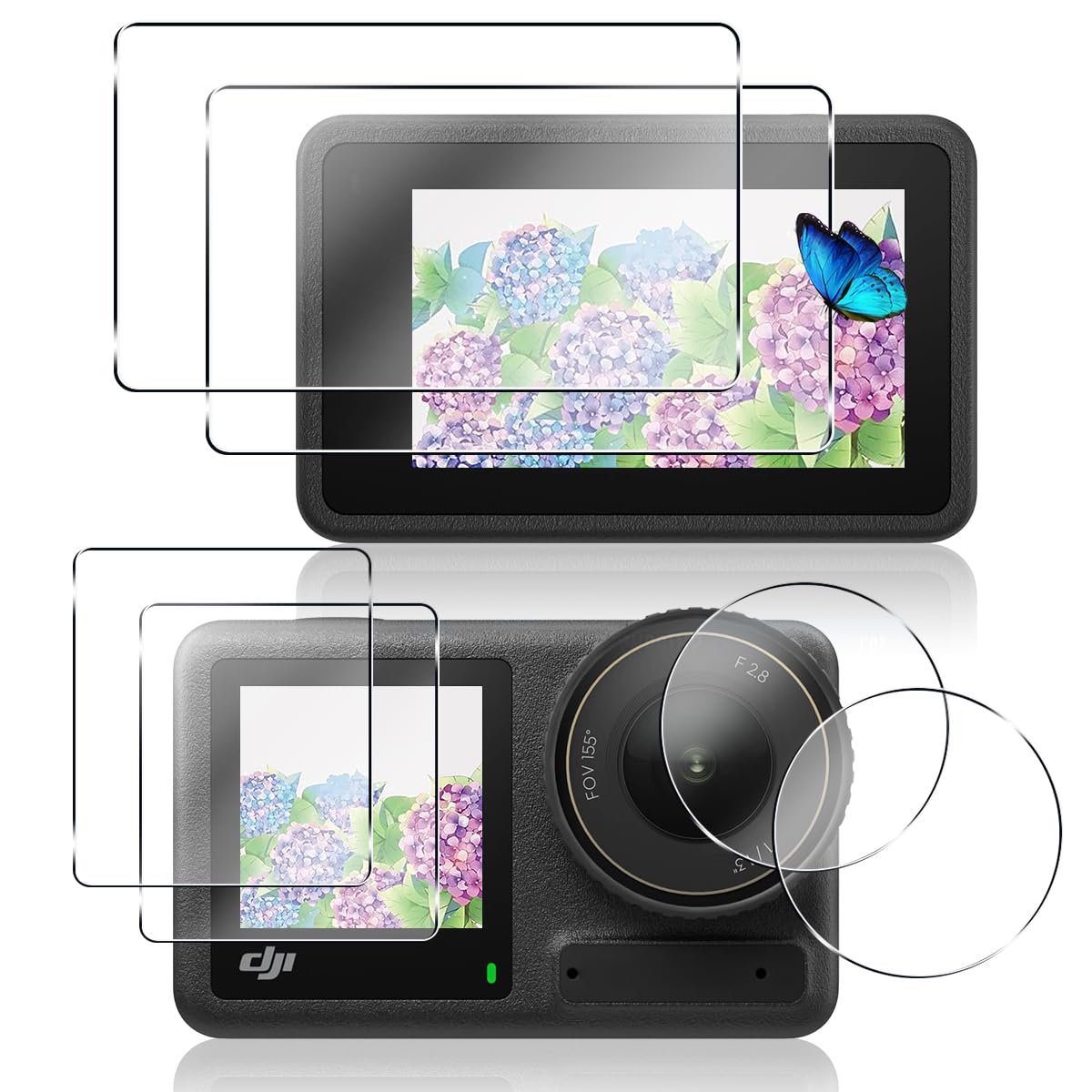 【2+2+2枚セット】 対応 DJI OSMO Action 4 ガラスフィルム + カメラフィルム 【メイン画面用2枚 + サブ画面用2枚 + LED保護フィルム2枚】 日本旭硝子 硬度9H 用 DJI Action 4 フィルム 強化ガラス 3D Touch対応 、高透過率 、気泡ゼロ 、厚さ0.26mm超薄型 、飛散防止 、高感度 、衝撃吸収 、指紋防止 、ラウンドエッジ加工 、簡単貼り付け