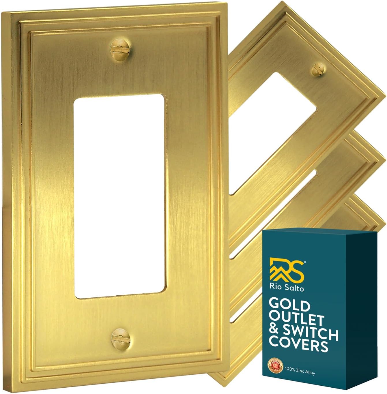 Rio Salto Metal Modern Edge Double Line Wall Plates Outlet Cover Light Switch Cover Plate Decorative for Electrical Outlets Single Rocker Decora Decorator High-Contrast Yellow Gold, 1-Gang (4-Pack)