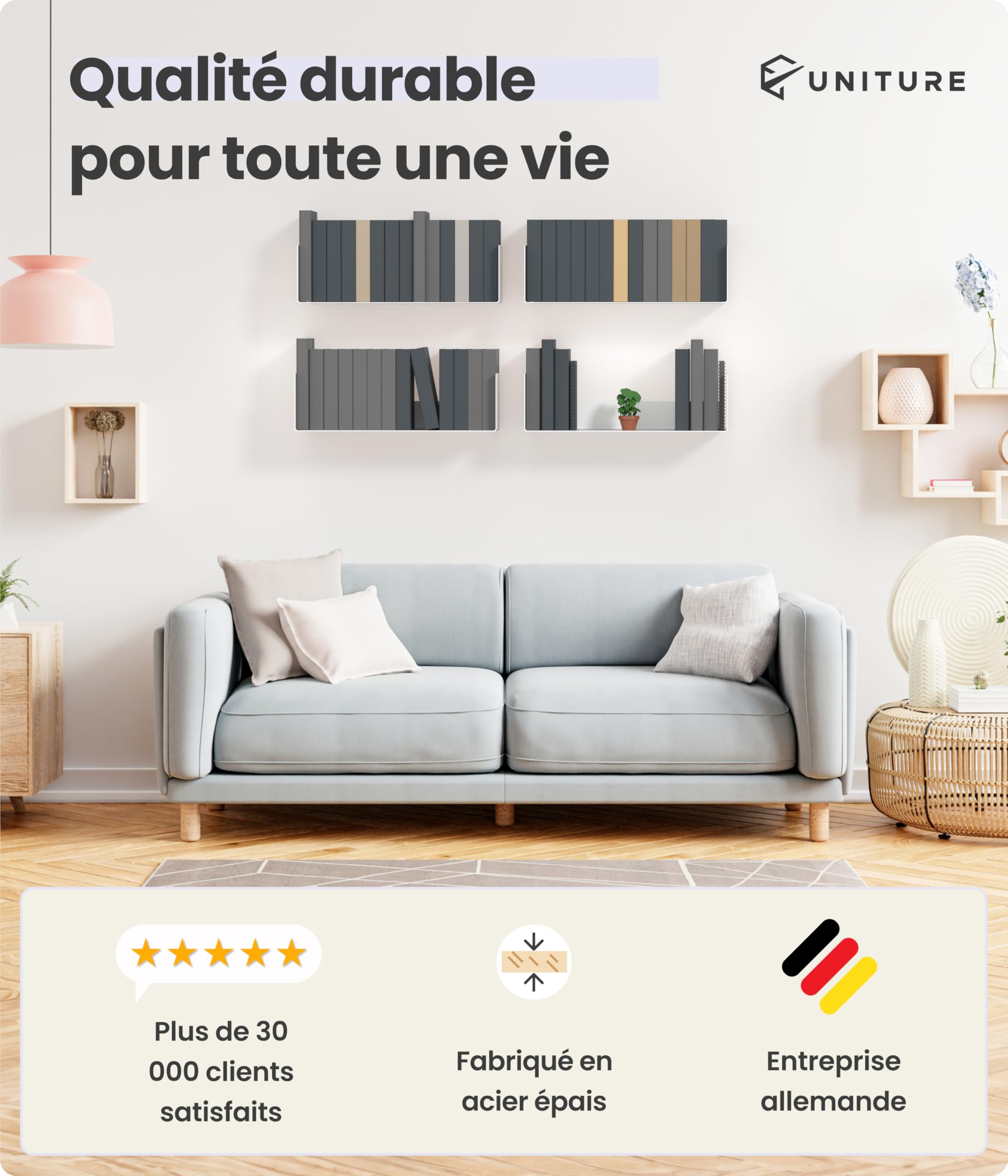 UNITURE® - Lot de 2 étagères murales Blanches [2x40cm] - Étagères flottantes, étagères à Livres, Planche et Tablette, Planche Murale, Tablette Murale