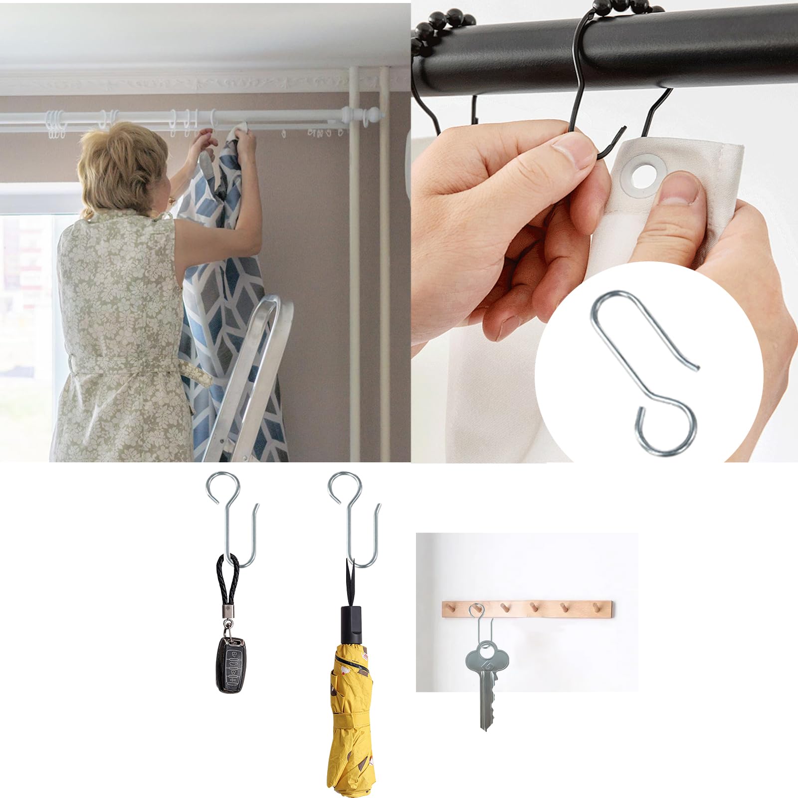 Lot de 20 crochets en forme de S en métal pour tringles à rideaux – Crochets argentés en forme de S pour une suspension facile de rideaux et décoration d'intérieur – Idéal pour rideaux et plus encore