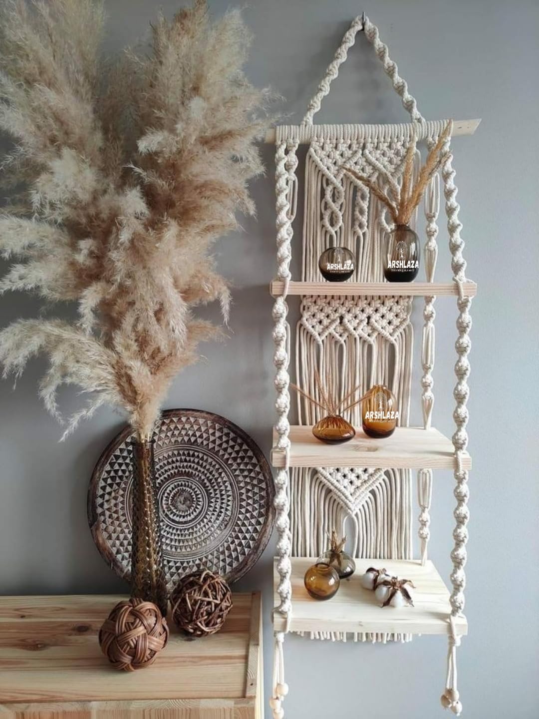 arshlaza macrame wall hanging plant shelf, 3-tier macrame shelves boho bathroom shelf, handmade boho floating shelves for plants and decor [ws]