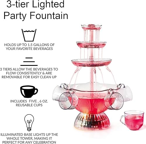 Miniatura 2 de Fuente de fiesta de 3 niveles, fuente de bebida LED de plástico con 5 tazas, para juegos de beberbaruso en casa