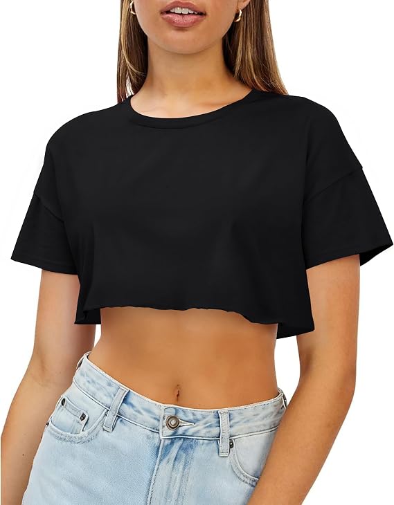 Crop Tops for Women Short Sleeve T Shirts Casual Basic Crew Neck Summer Oversized Cropped Tees 2026