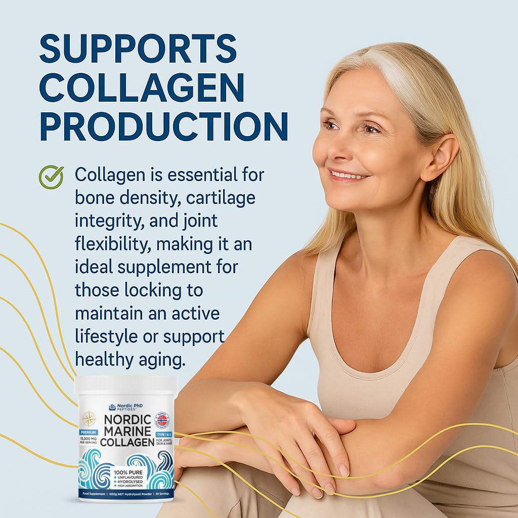 Nordic Marine Kollagen Pulver – 100% reine hydrolysierte Kollagenpeptide – Typ I & III – 13.000mg pro Portion – hohe Absorption – geschmacksneutral – 400g | 30 Portionen