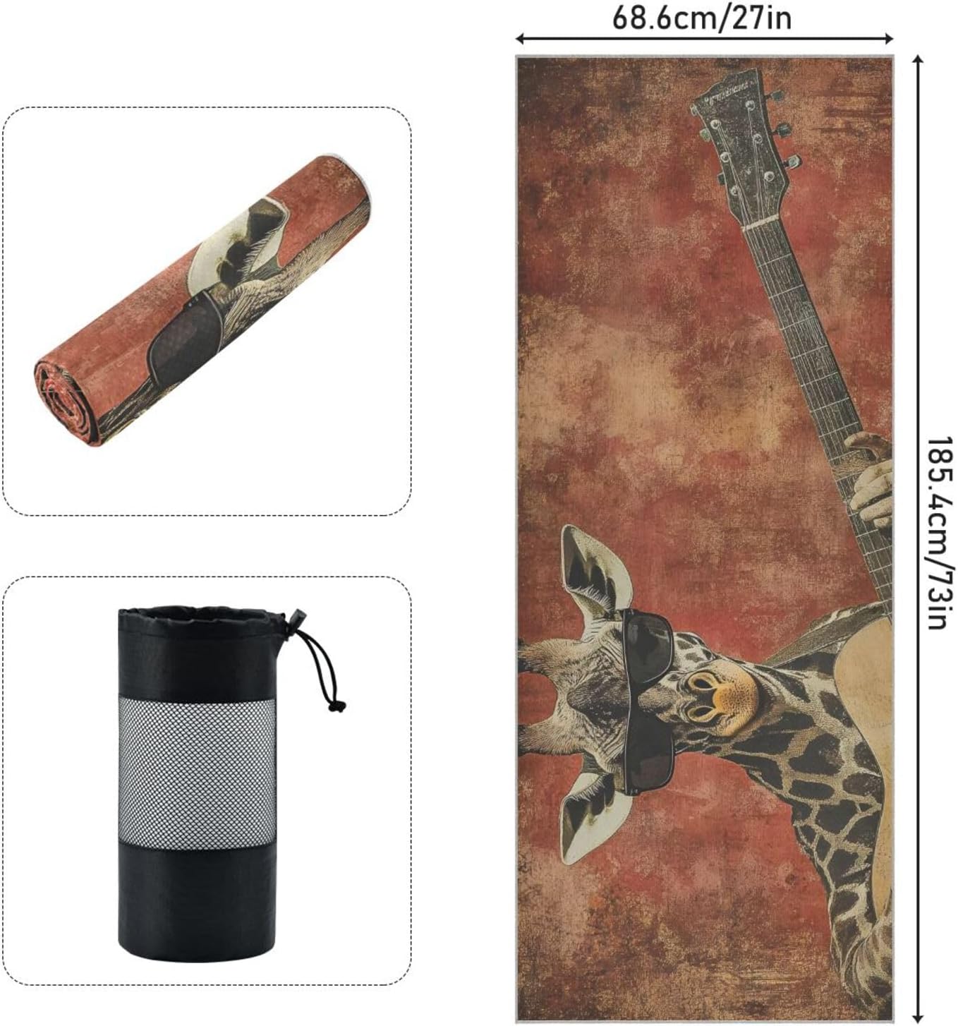Hot Yoga Towel Giraffe Guitar – Stylish, Non-Slip, Grip Dots, Super Absorbent, 27" x 73" - Yoga Mat Towels for Exercise, Fitness
