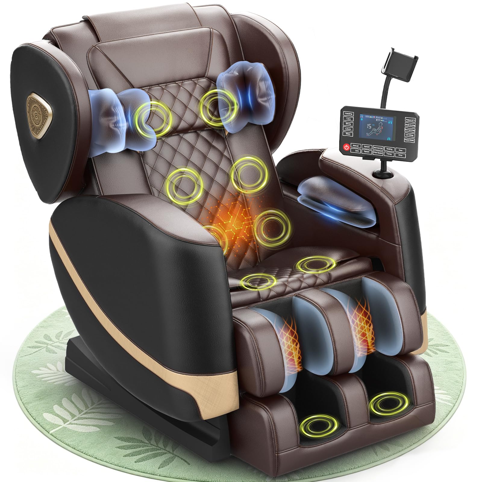 Massagesessel, Ganzkörper-Massagesessel mit Zero-Gravity, 14 Rollen und 8 Komfort-Airbags, Mit Heizfunktion für Taille und Beine Fußmassage, Bluetooth-Player und 2-in-1 Touchscreen (Schwarz + Braun)