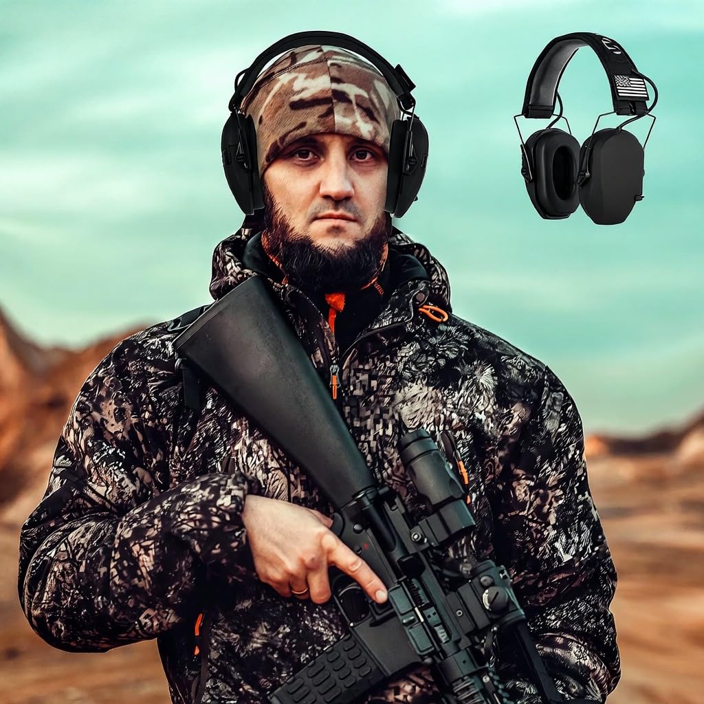 Casque antibruit actif pour la chasse – Écouteurs électroniques avec réduction du bruit – Casque pliable avec microphones directionnels – Arceau réglable – Prise externe
