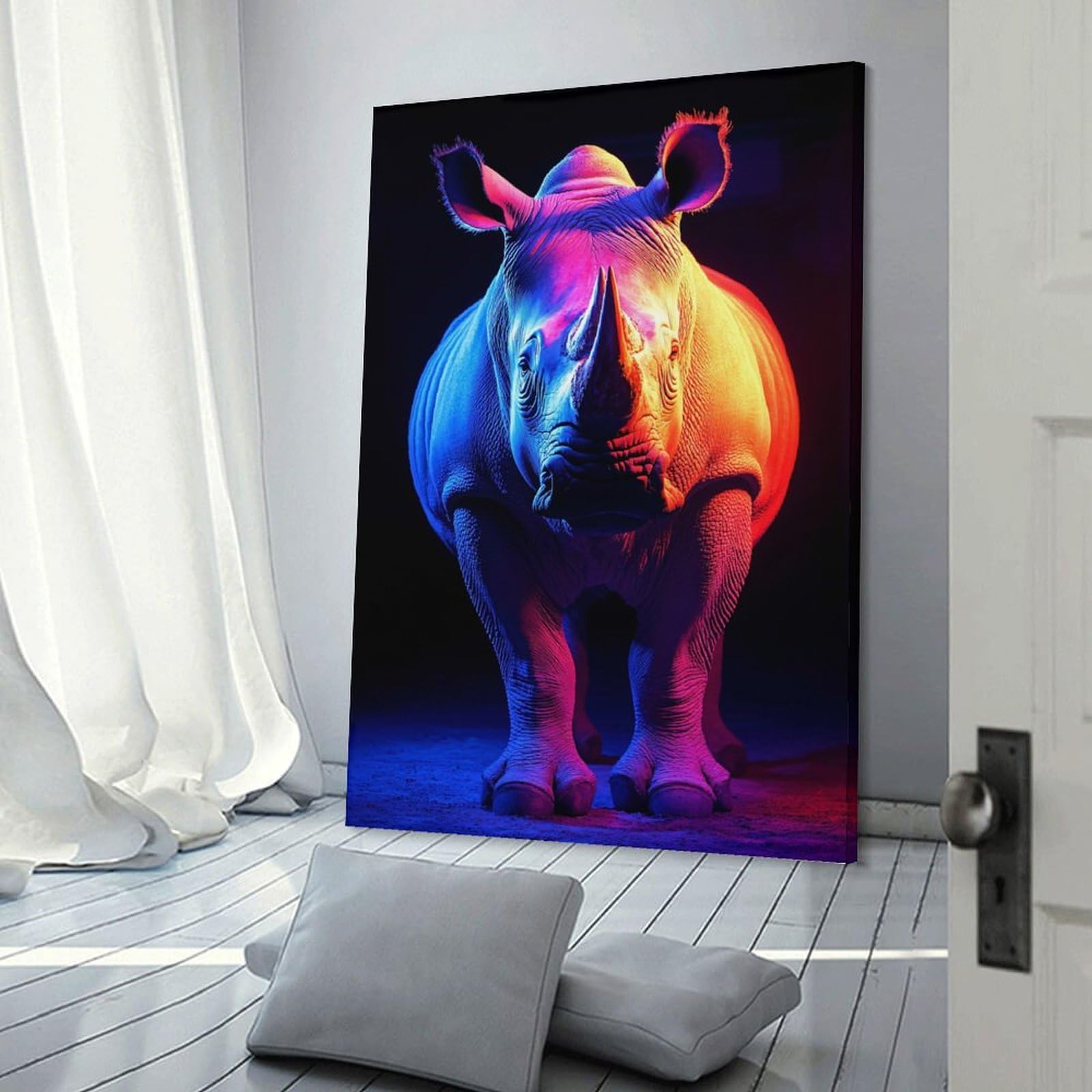 Junmoney Neon Rhino Portrait Decorative Canvas Print, 16x24inch(40x60cm), for Hallway, Bedroom Or Modern Interiors, Gift Idea for Housewarming And Birthdays