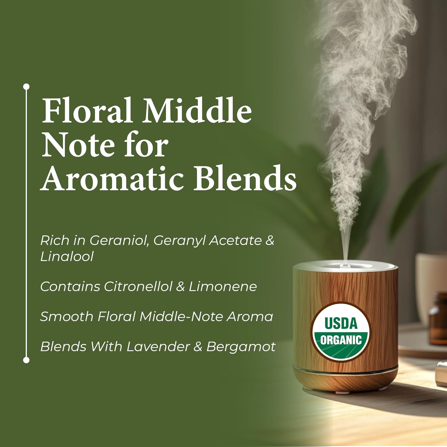 Palmarosa Organic Essential Oil USDA Certified – Cymbopogon Martini Steam Distilled Pure Floral Aroma Oil for Skin Hair Care, Massage, Diffuser, DIY Beauty Blends Natural Perfume Oil - India - 10 ml