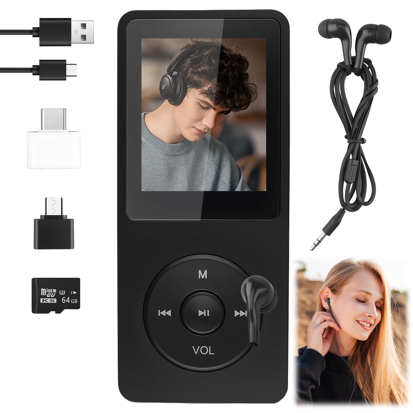 Reproductor MP3 64GB Bluetooth 5.3, MP3 Player Bluetooth con Radio FM y Altavoz, HiFi Música sin Pérdidas, Grabadora de Voz, Ebook, Soporte MicroSD 128GB, Wired Earphones and OTG Adapte
