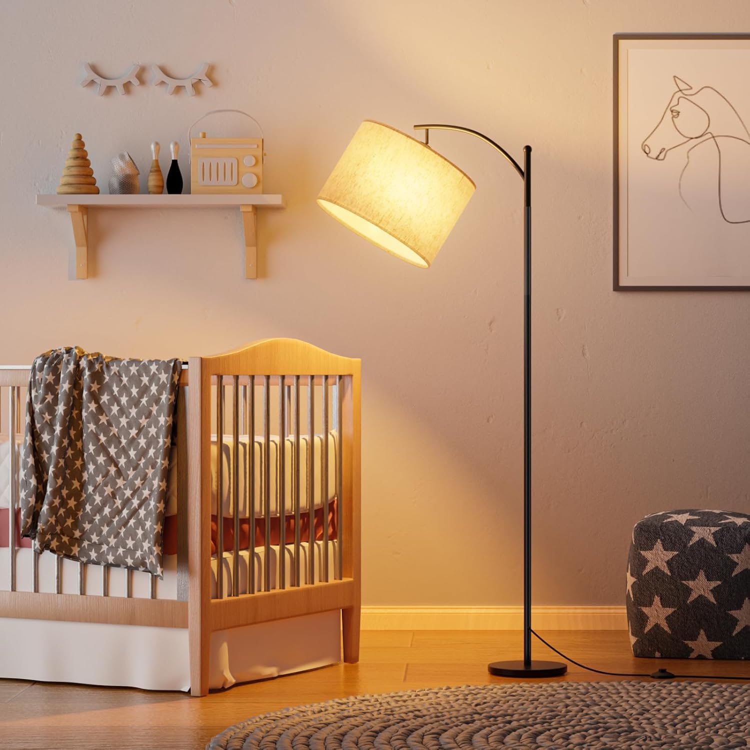 Stehlampe Wohnzimmer Dimmbar 160cm mit Fernbedienung, 3 Farbwechsel | Moderne Bogenlampe Wohnzimmer, mit Verstellem Beigen Leinen-Lampenschirm, Fußtaster, Metallaufbau, E27 Glühbirne Inklusive
