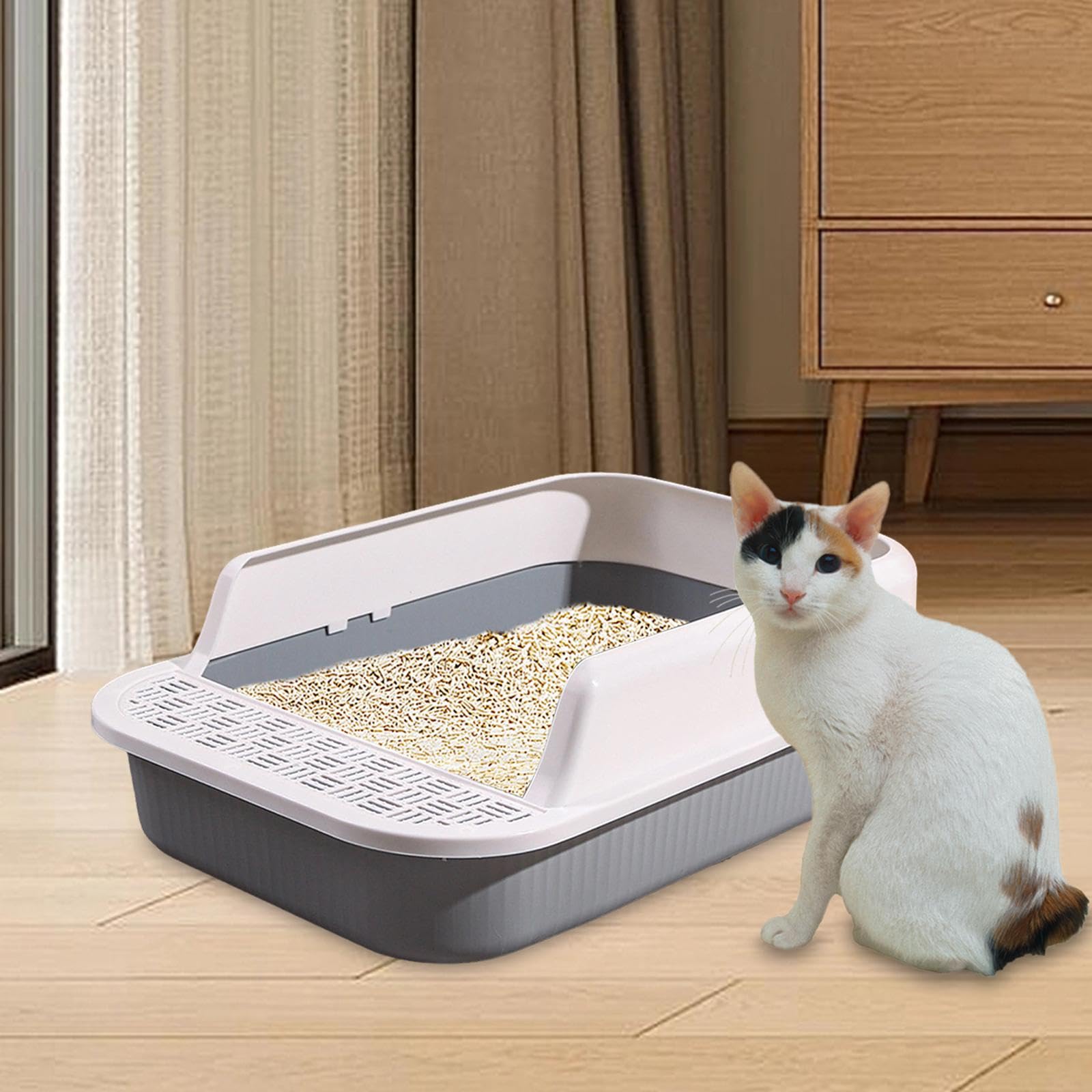 Lettiera per Gatti, Toilette per Gatti Semichiusa, Cassette Igieniche per Gatti Antispruzzo, Vaschetta per Sabbia per Gatti Grande, 53x35x18cm, Bianco e Grigio