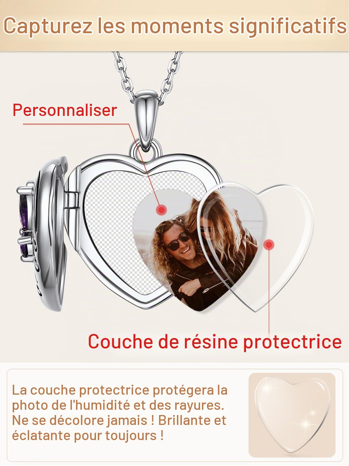 Custom4U Collier Argent Sterling Personnalisé Photo Femme, Chaîne Réglable 40/45/55+5 cm (16/18/22+2 Pouces), Pendentif Locket Photo Charme Coeur Papillon Pierre