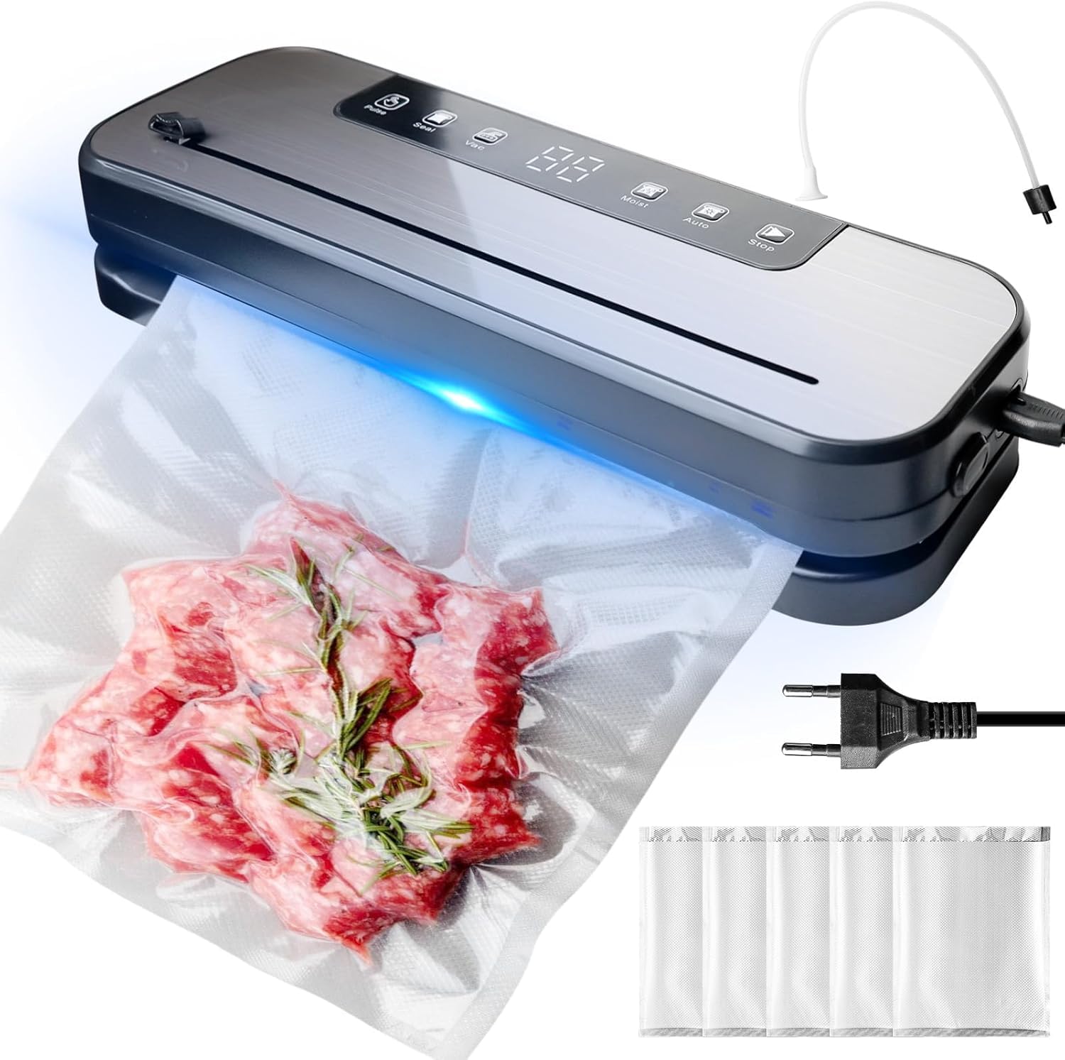 Macchina per sottovuoto 6 in 1, macchina per sottovuoto professionale, 75 Kpa, macchina per sottovuoto per alimenti, con 50 sacchetti sottovuoto e 1 tubo per asciutto, umidità, freschezza