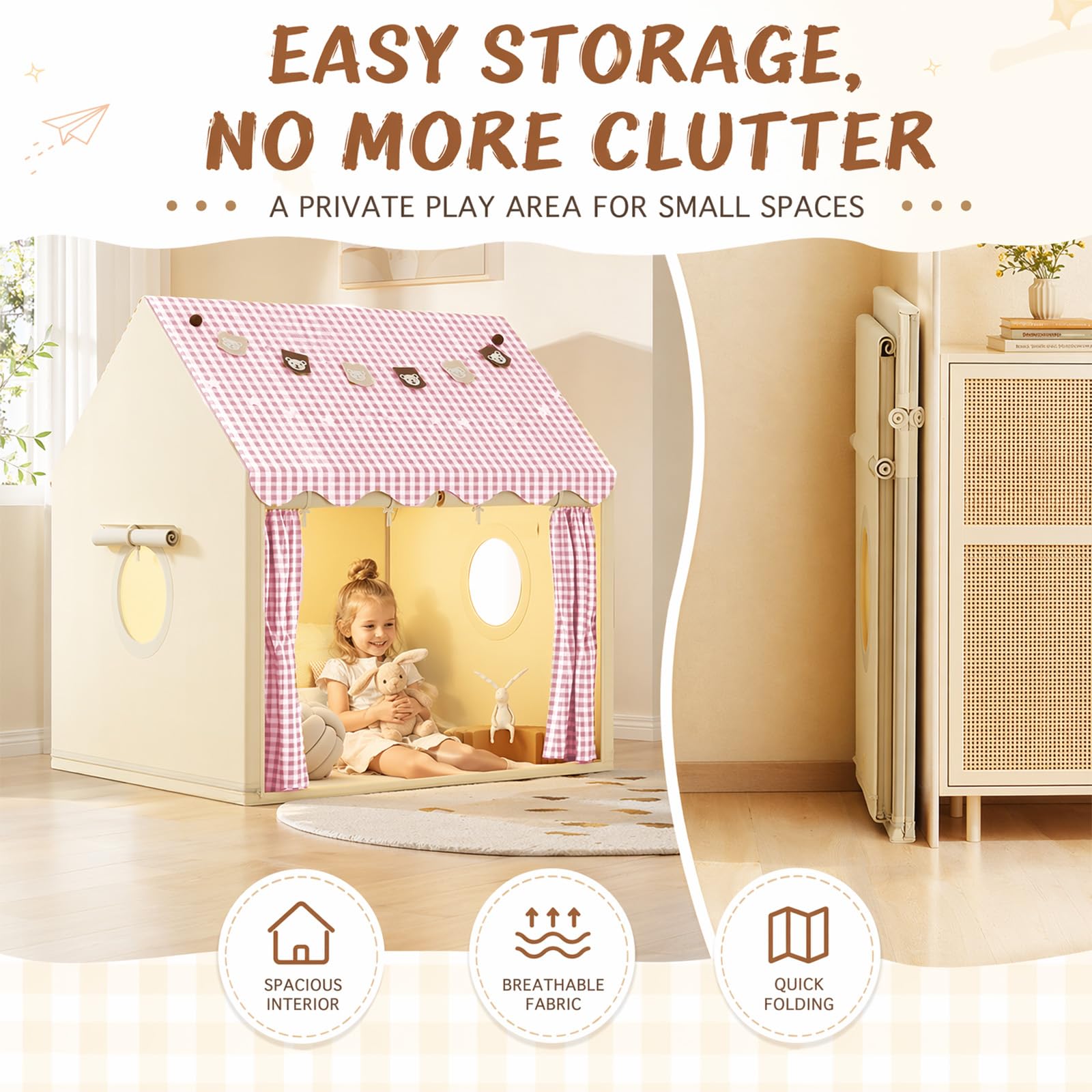 MeYuxg Kinderzelt Indoor,Prinzessin Zelt mit Fenstern und Kleine Bär Bunte Fahnen,120×105×128cm Innenbettzelt für Kleinkinder,Spielzelt für drinnen,Kinder Spielhaus für Jungen und Mädchen