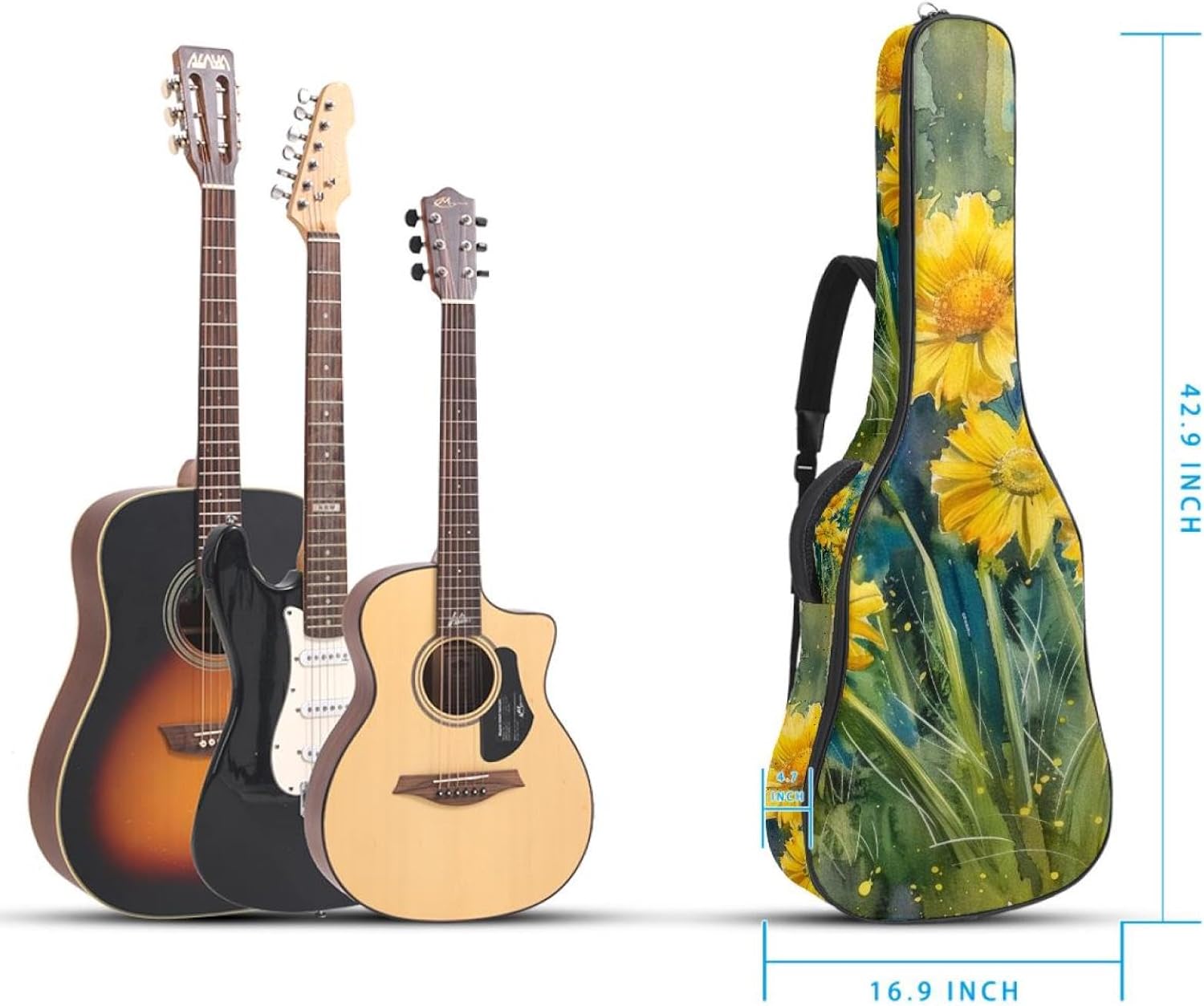 Acoustic Guitar Bag 0.4 Inch Thick Padding Waterproof Guitar Case Gig Bag for 40 41 42 Inch Electric Bass Classical Guitar, Yellow Daisy Watercolour