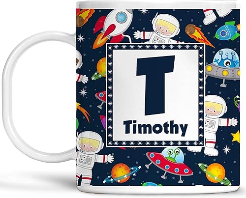 Personalized Astronaut Mug for Kids with Name and Initial – Custom Space Toddler Cup with Planets, Rockets, and Aliens – Unbreakable, BPA-Free,