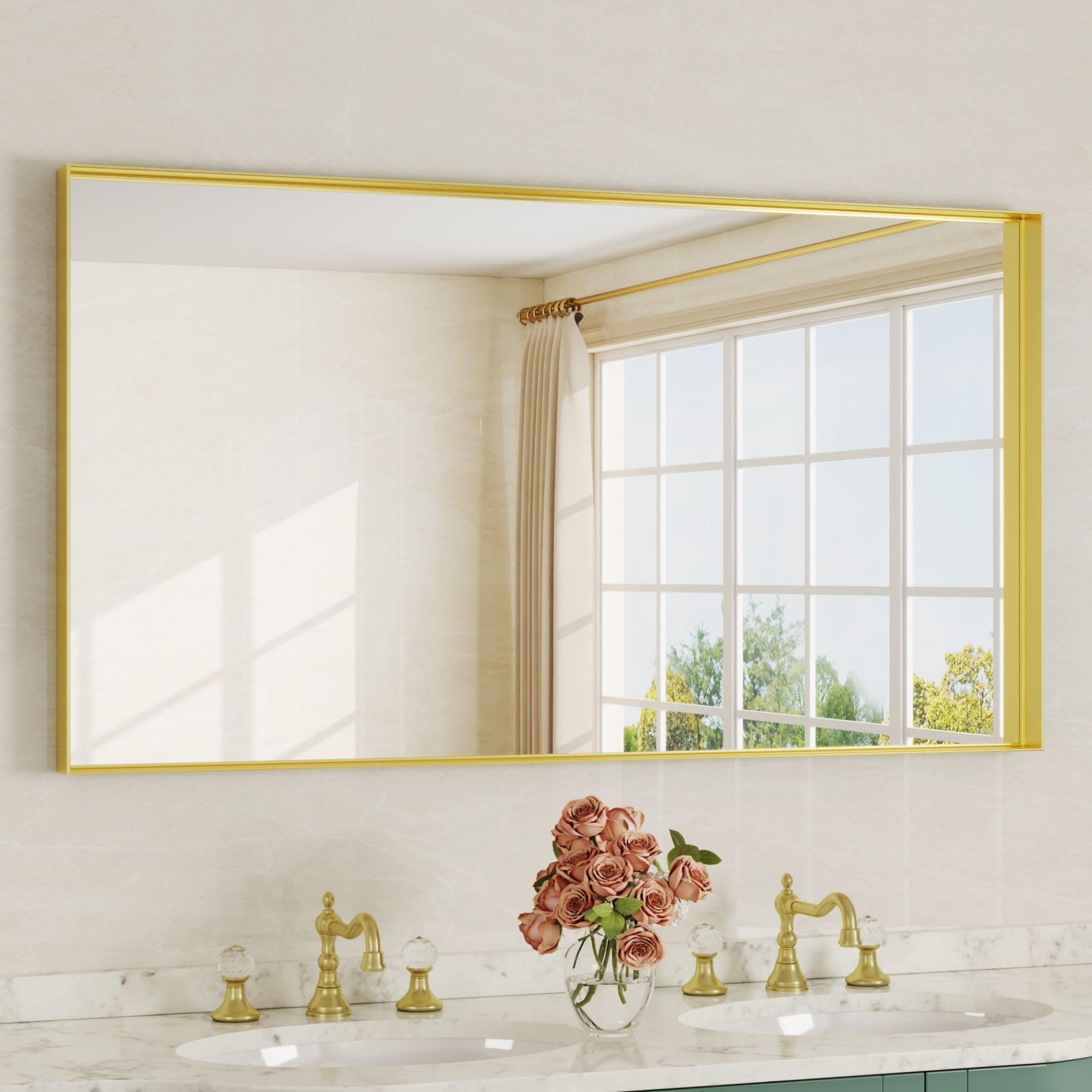 Gold Bathroom Mirror 71x30 Inch, Rectangle Mirror with Metal Deep Frame, Wall Mirrors for Over Sink, Vanity, Bedroom, Bathroom, Hangs Horizontally or Vertically