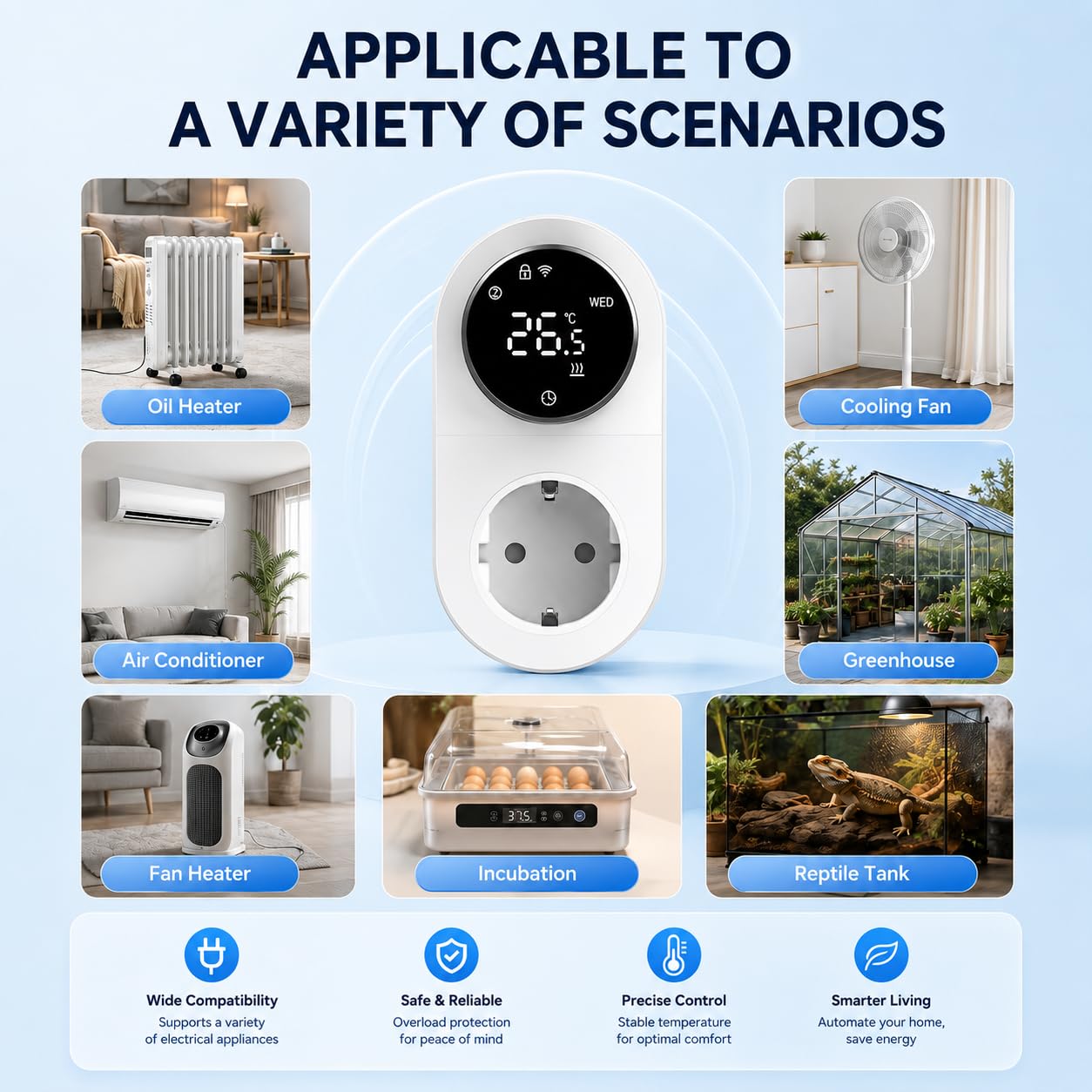 Yasorn Termostato WiFi da Presa 16A, Display LED, Manopola e Sonda Esterna | Precisione ±0,5 °C; Tuya/Smart Life; Alexa e Google; 6 modalità; programmazione settimanale; antigelo; max 16 A/3680 W