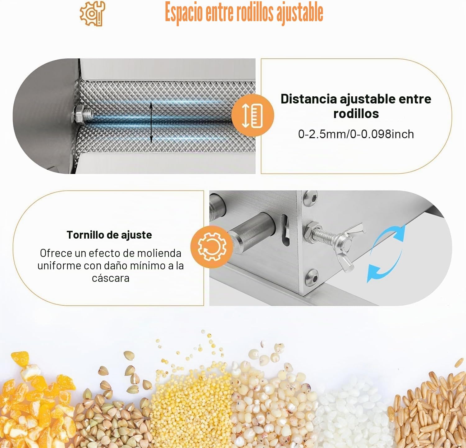 Molino de malta moderno de 4 l - Prensa de cereales manual - Acero inoxidable con rodillo ajustable - Rompecabezas con dos modos de funcionamiento - Ideal para moler granos en casa