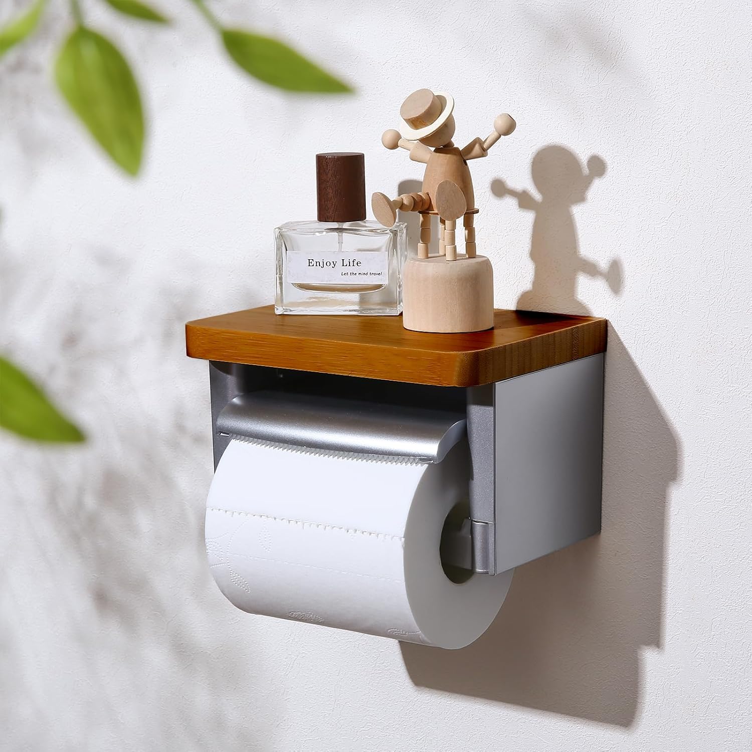 Toilet Paper Holder with Shelf- with Toilet Paper Cutting Function, Modern Toilet Paper Holder Wall Mounted for Bathroom Washroom (Wood Brown&Silver, Single)