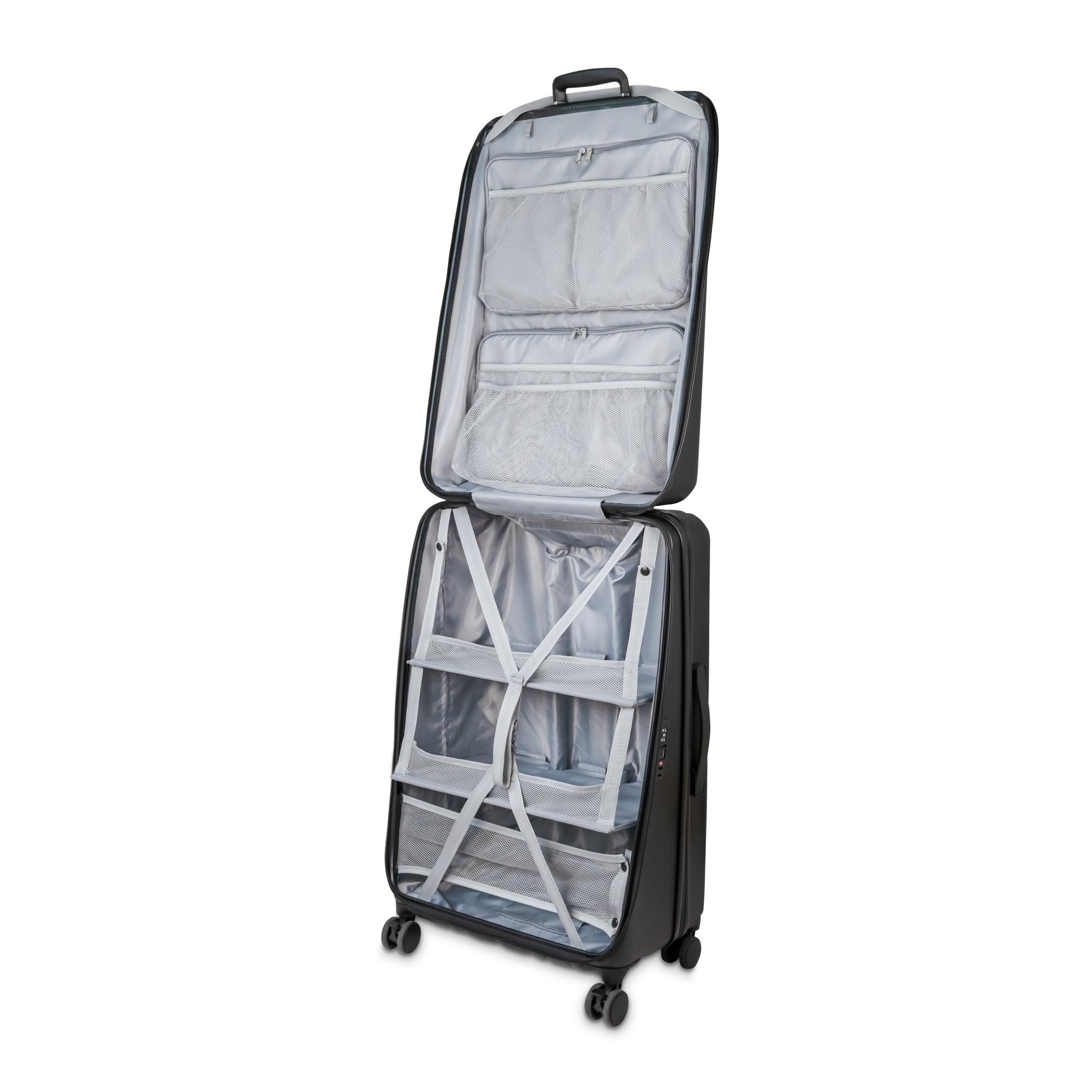 Valigia da aprire, stand-up, valigetta rigida, trolley da viaggio, utilizzabile come armadio, valigetta con 4 ruote, 120 l, L, nero/grigio, Trolley rigido con ruote girevoli