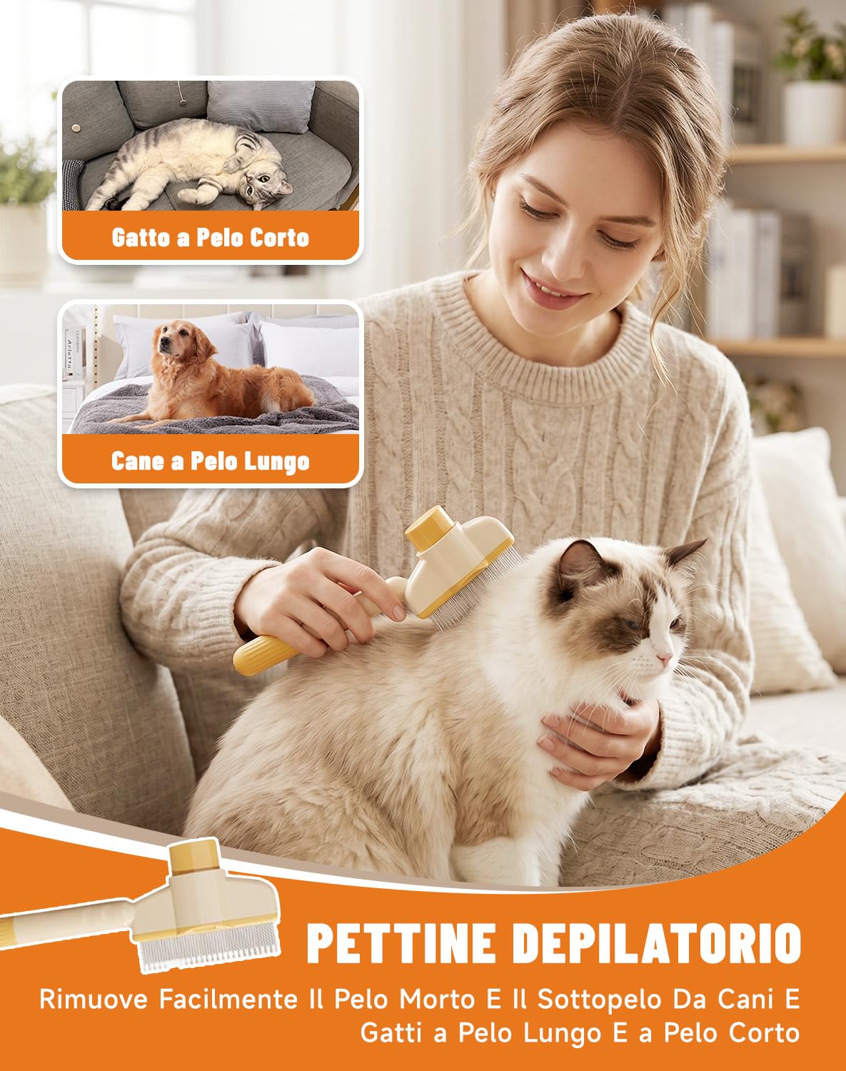 Zivaro Spazzola per Gatti, Spazzola Antipeli per Gatti Zivaro, Effetto Massaggiante, Rimuove I Peli Morti E in Eccesso, Pulizia Con Un Solo Pulsante per Gatti Capelli Lunghi/Corti (Arancia)