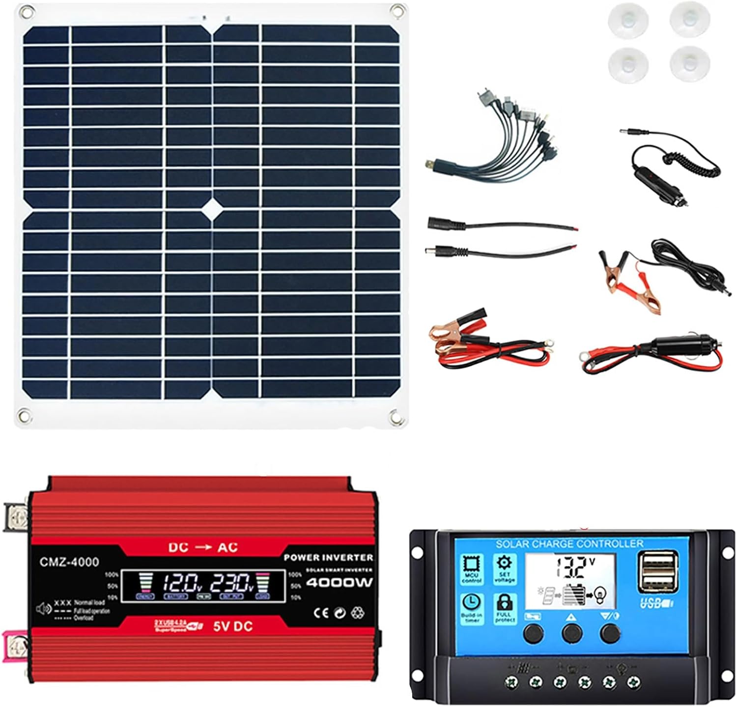4000W Portable Solar Inverter Combo Set, 50A Solar Controller & 12V-AC 110V/220V Car Power Inverter for Camping, Travel, Picnics - Black Solar Panel Kit