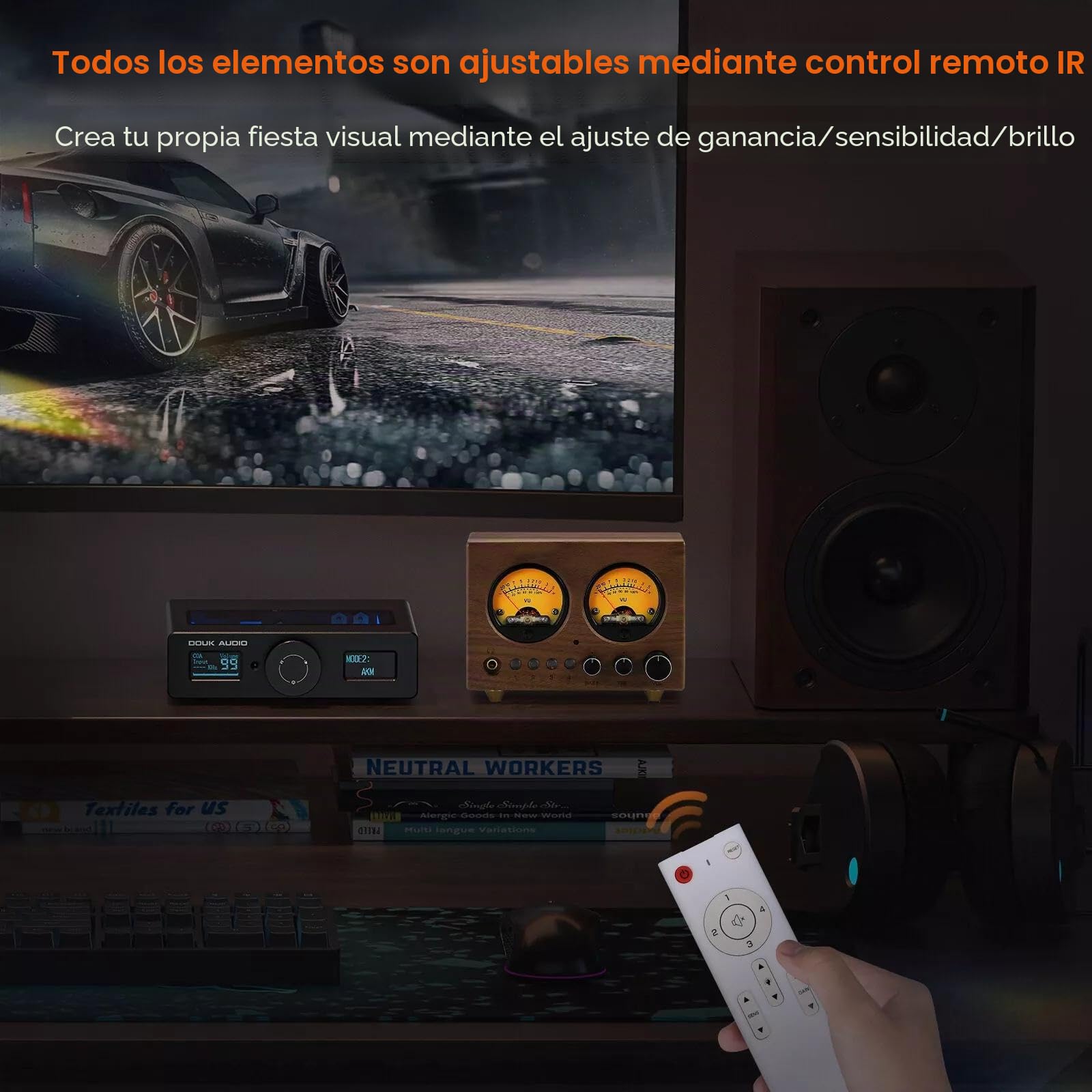 Conmutador de audio 4 en 1 OUT Preamplificador estéreo con medidor VU y control remoto