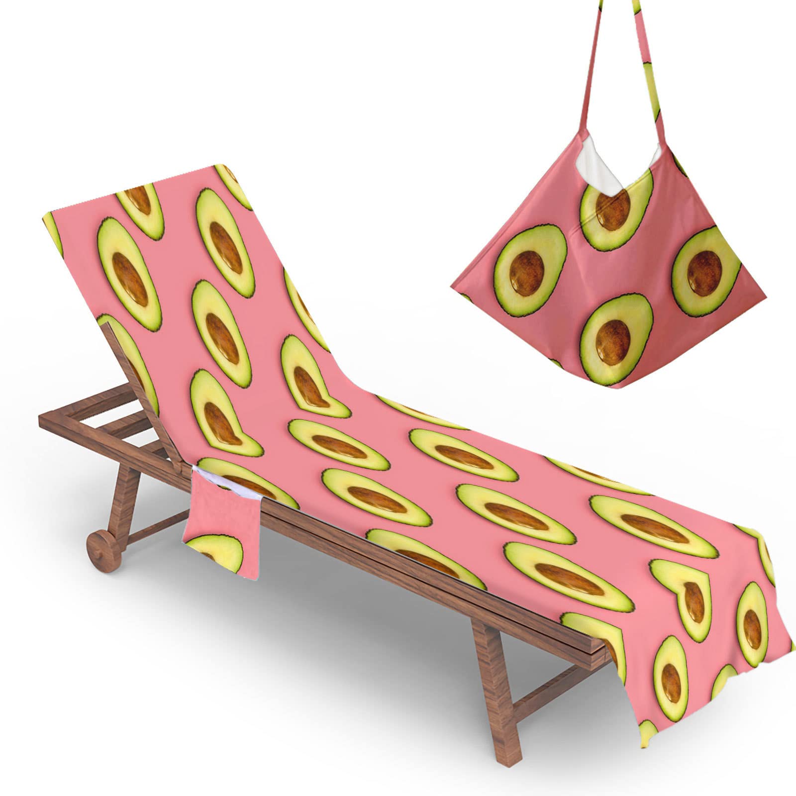 RRrawgff Beach Chair Cover Towel, Avocado Print Beach Towel Lounger Bags with Pockets Sunbed Towels Fitted Microfiber Sun Lounger Towels for Summer Outdoor Garden Pool Vacation (Avocado Fruit)
