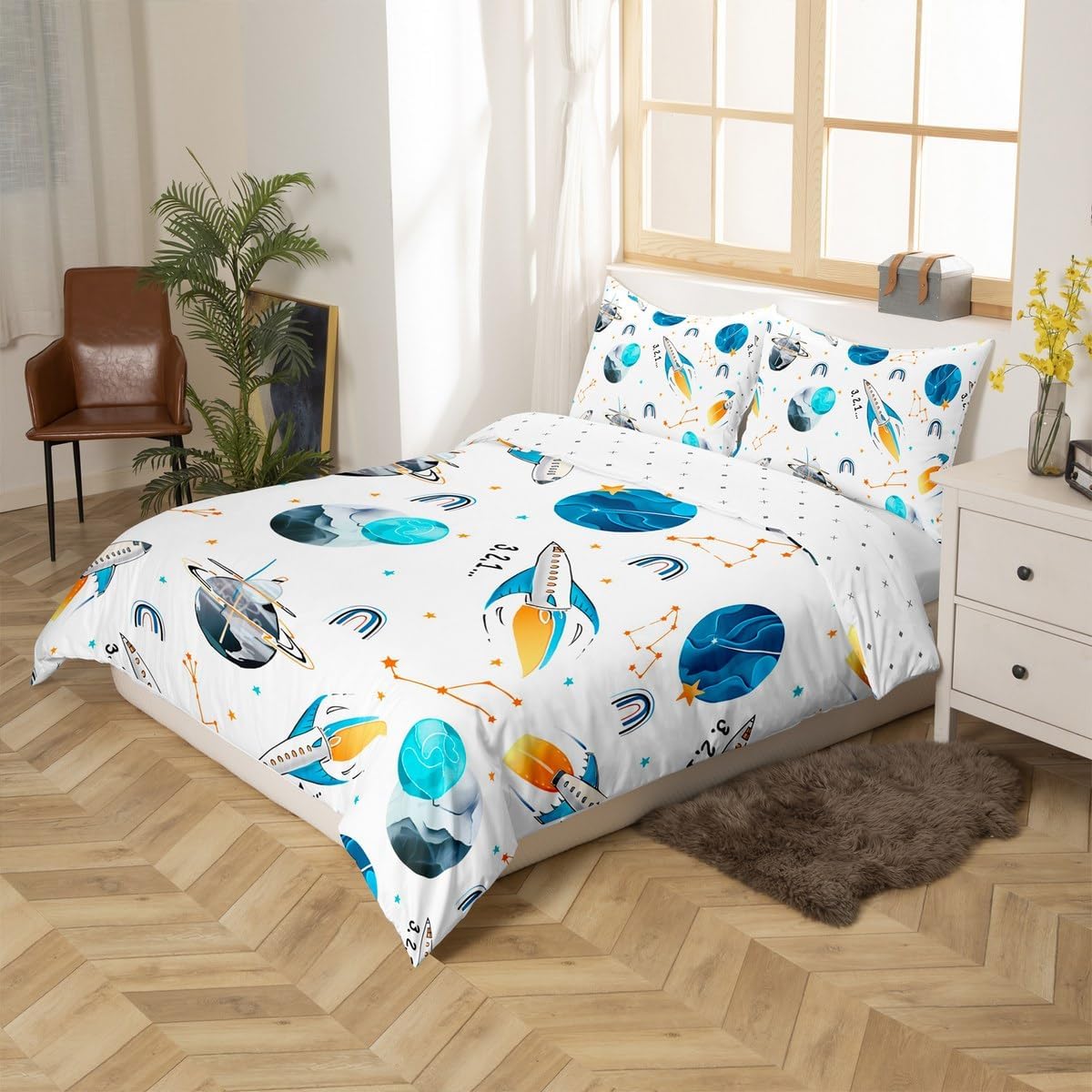 Rocket Spacecraft Duvet Cover Toddler Size Universe Planets Bedding Set 2pcs Constellation Starry Comforter Cover for Boys Room Decor Outer Space Themed Quilt Cover,1 Pillowcase(Not Comforter)