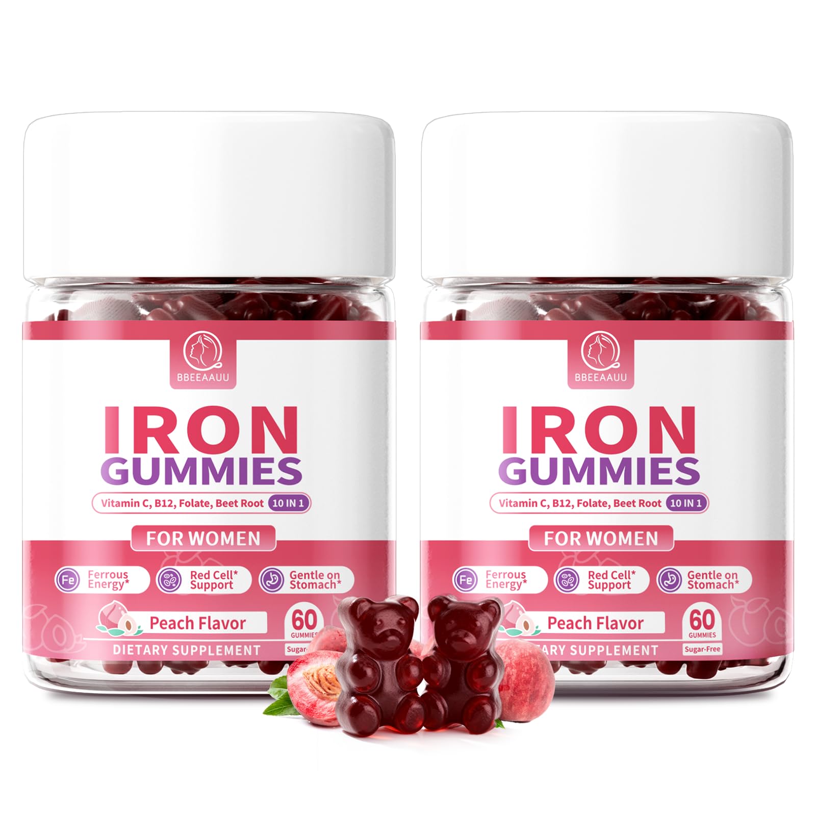 Iron Gummies for Women - Heme Iron for Max Absorption & Gentle on Stomach 60 Count (Pack of 2)
