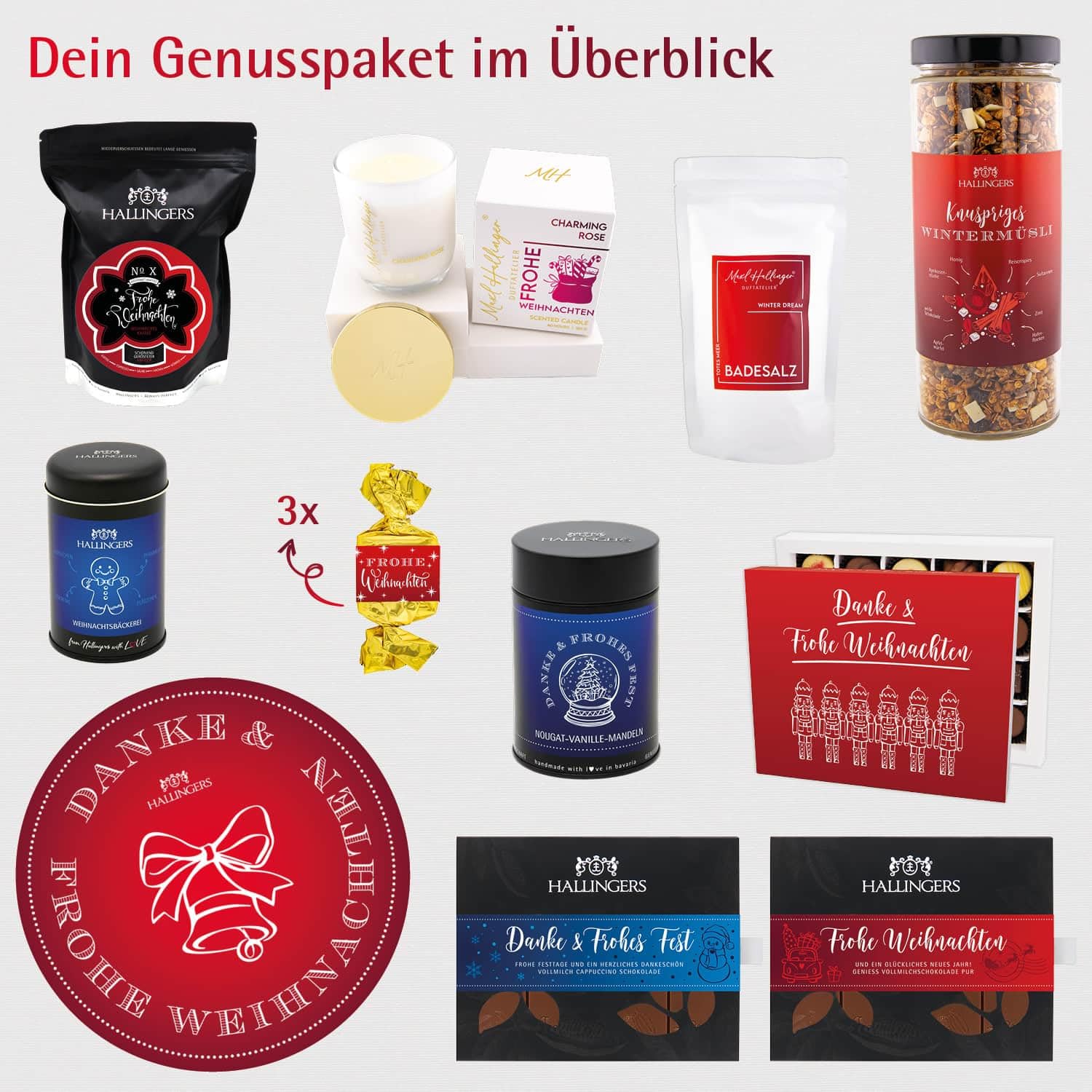 Hallingers Genuss Manufaktur Feinkost Weihnachts-Geschenk-Set - XXL-Geschenkkorb "Danke & Frohe W..." große Selektion Nougat, Müsli, Badesalz, Kerze, Schoki Kaffee & mehr, Weihnachten für Frauen