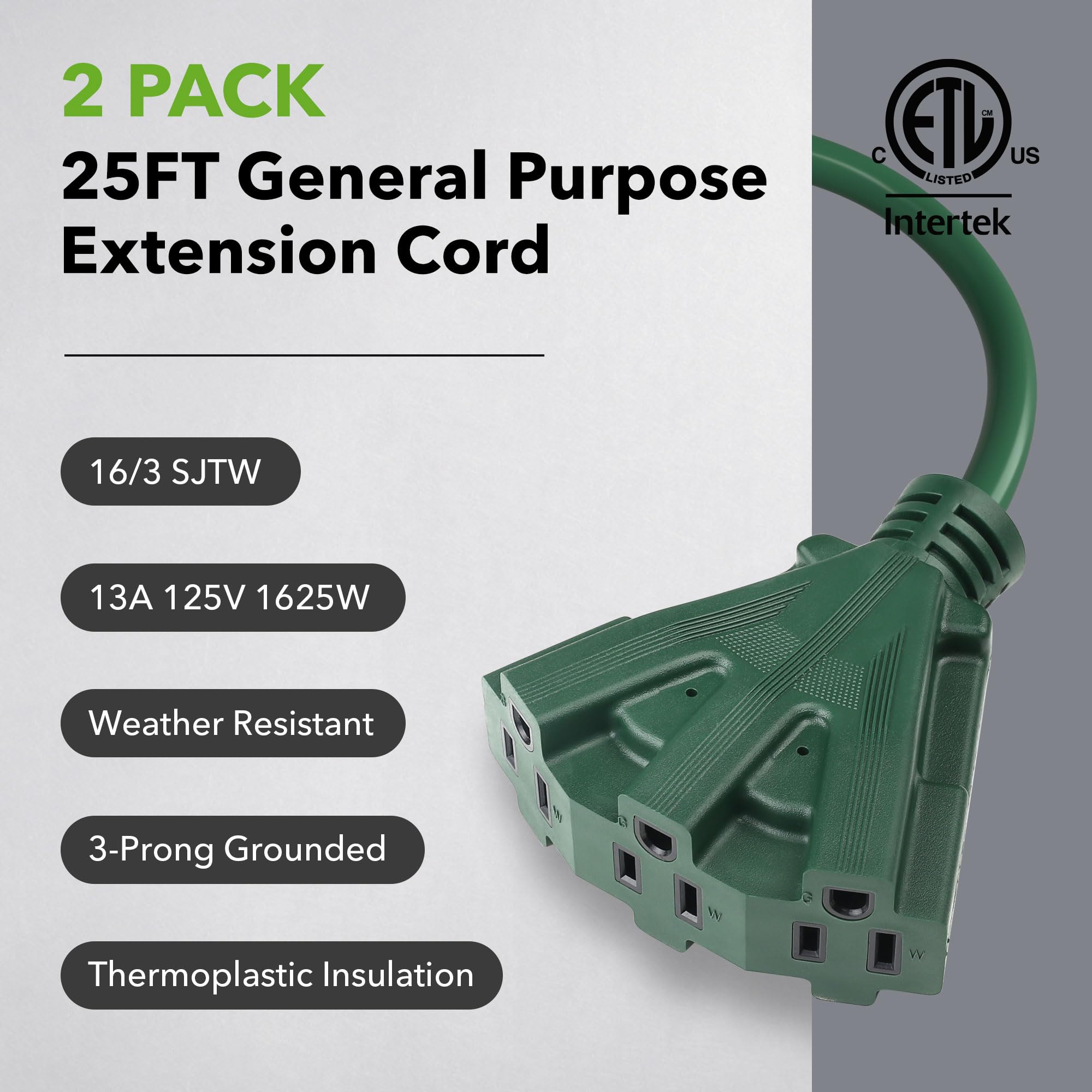 BN-LINK Cavo di prolunga per esterni da 25 piedi con 3 prese, confezione da 2, 16/3 SJTW, 13 Ampere, resistente alle intemperie, per giardino e decorazioni, connessione a terra, certificazione ETL