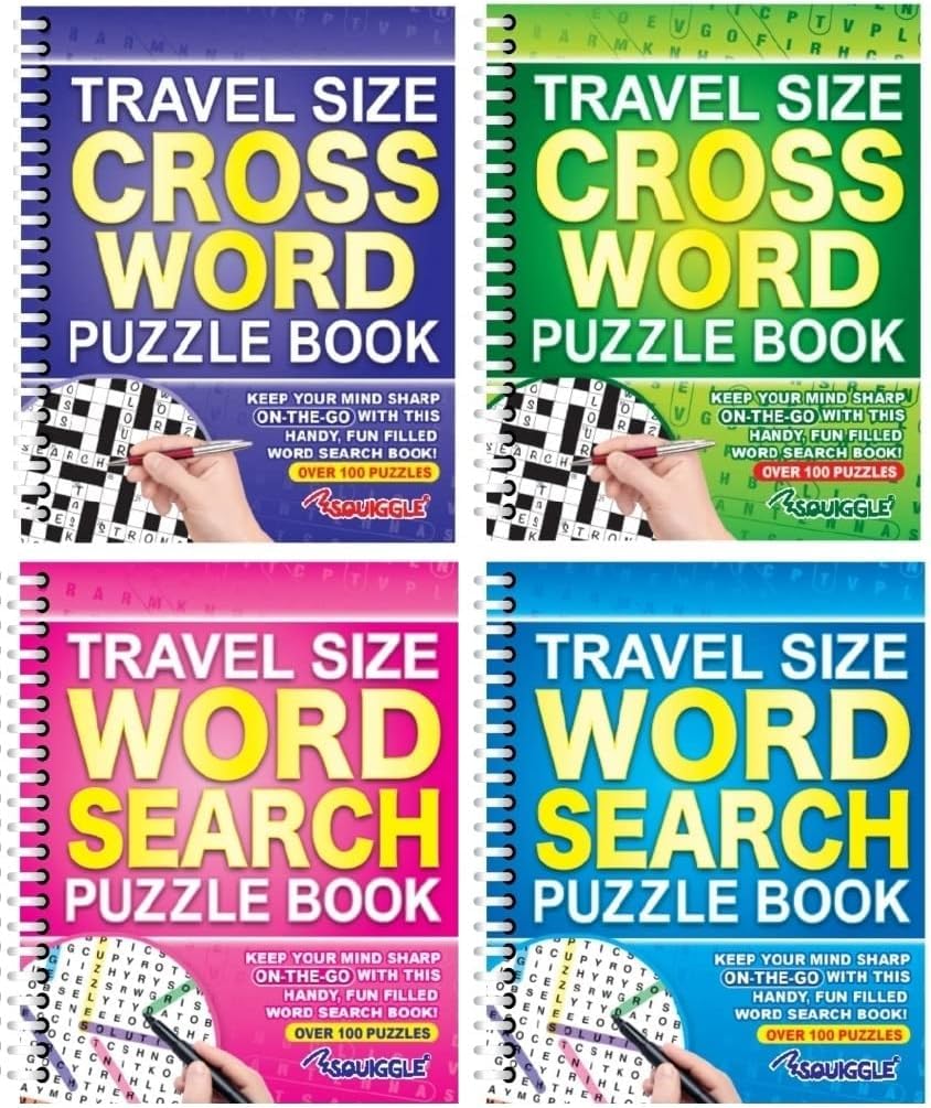 Youngland Travel Size A5 Puzzle Book Set of 4, Sudoku, Crossword & Word Search Puzzle Books, 100 Puzzles per Book with Solutions, Portable Spiral Bound Brain Games for Travel, Holidays & Home (Set 3)