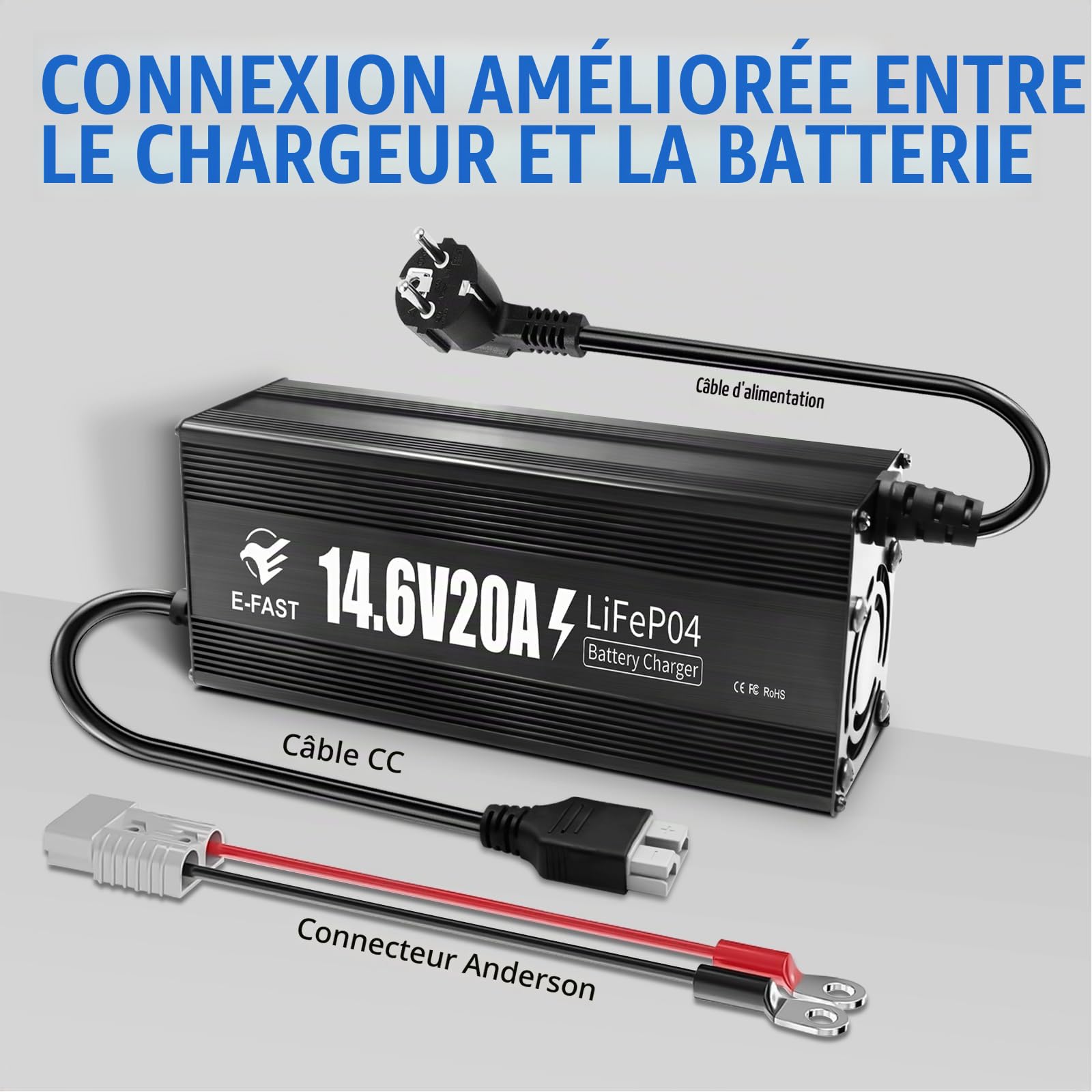 Chargeur de Batterie Automobile LiFePO4 14,6V 20A Chargeur Batterie 12V Protection Multiple Chargement Rapide pour Batterie au Lithium 12V