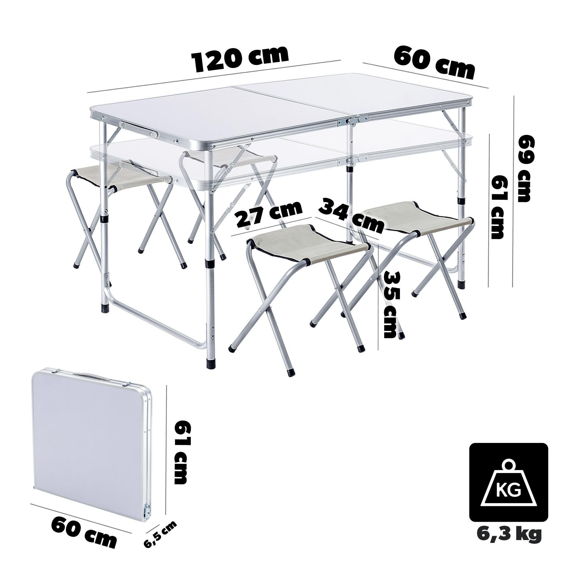 KADAX Ensemble de meubles de camping - Table pliante rectangulaire argentée/blanche avec 4 chaises pliantes - Hauteur 69 cm x Largeur/Profondeur 60 cm x 123 cm - Pour l'extérieur